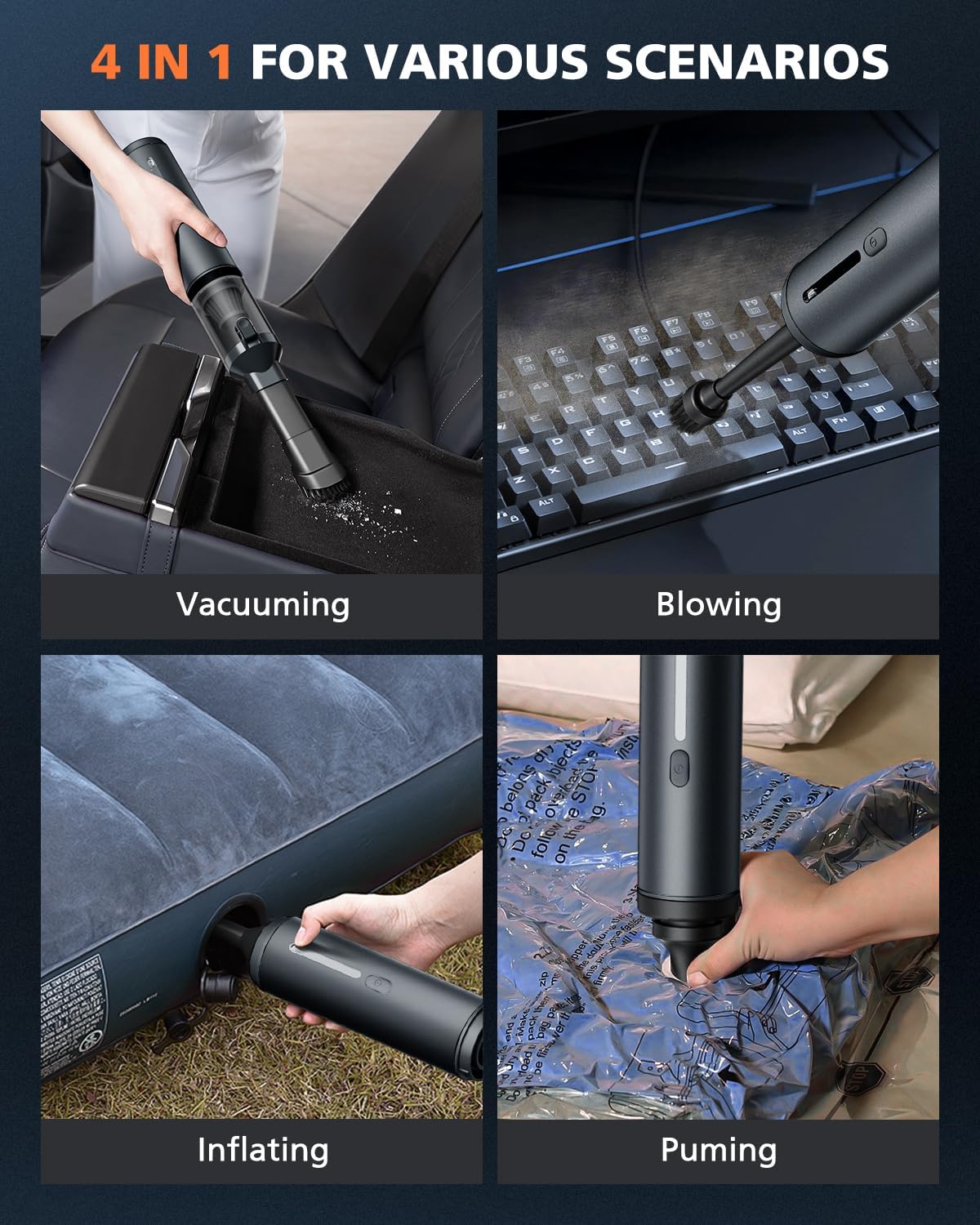 Car Vacuum Portable with 16000Pa Powerful Suction, Handheld Vacuum Cordless Rechargeable Blow & Suction 4 in 1, Small Vacuum Cleaner for Car, Home, Office, Outdoor (Grey)