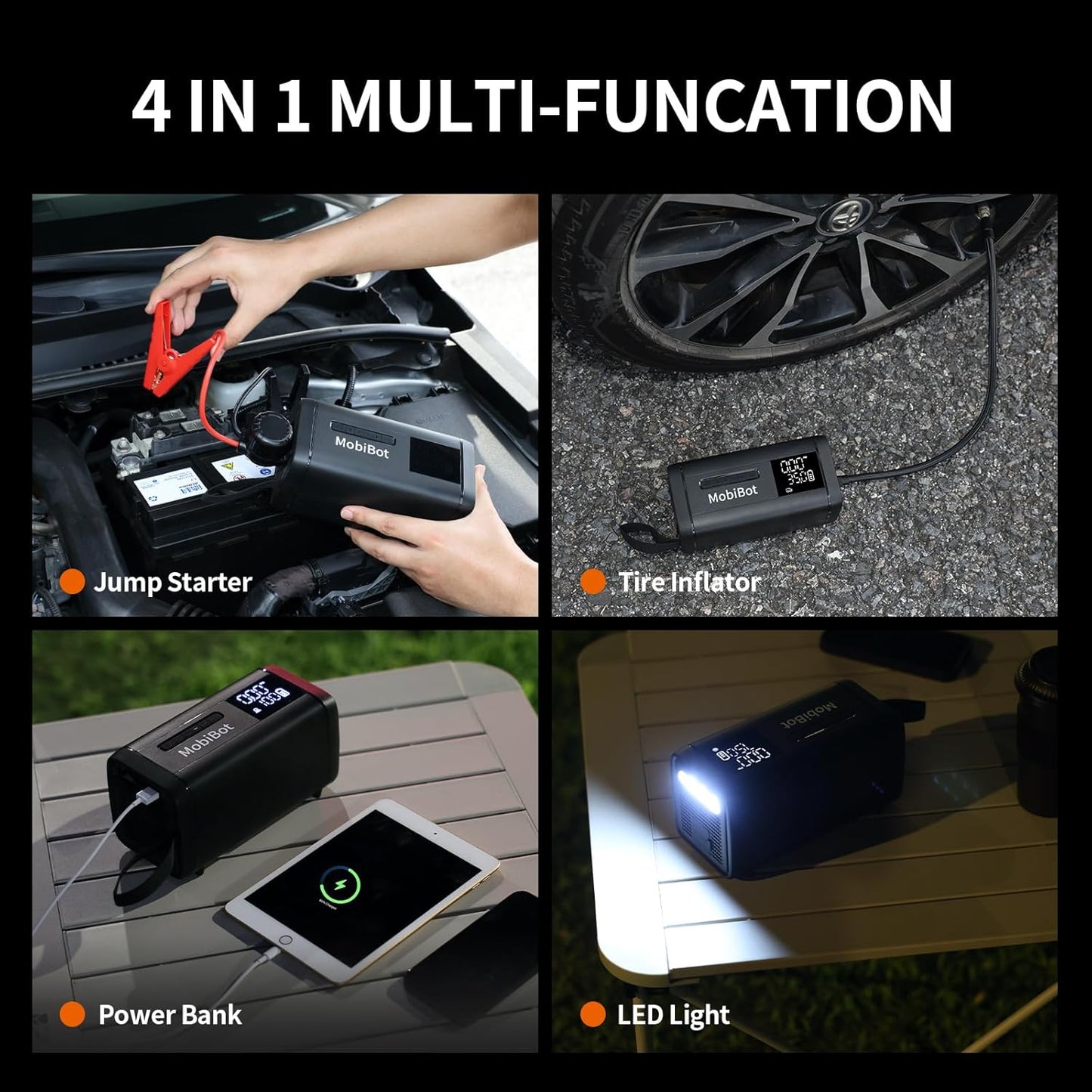 4-in-1 Dual Cylinder tire inflator with Jump Starter,4000A Portable Car Battery Charger up to 8.0L Engine,160 PSI Dual Power Car Air Pump Cordless Air Compressor,20000 mAh PD 65W Powerbank