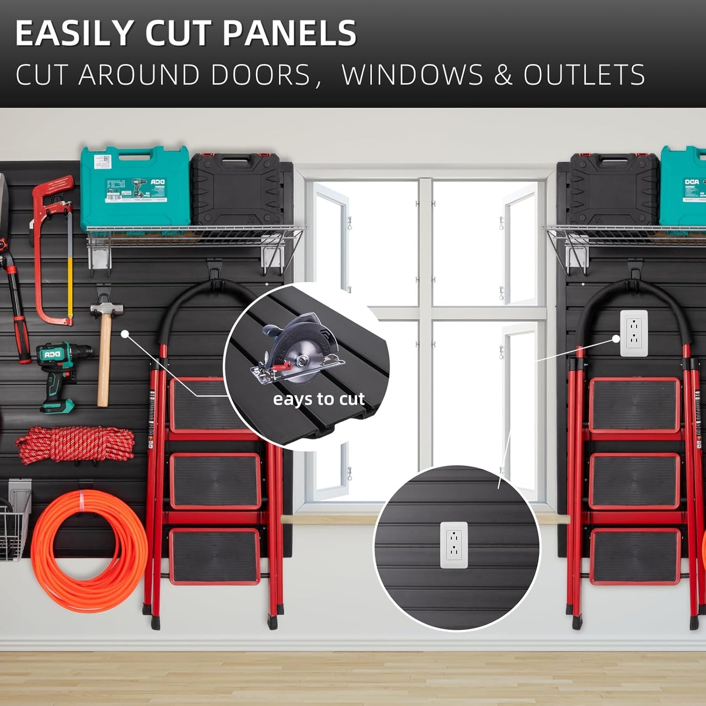 Slat Wall Paneling Garage Wall Organizer, PVC Black Slatwall Panels 2 Pack 4x8 ft Garage Tool Organizer Wall Mount Garden Storage, Slat Board Ladder Bike Rack Garage Storage & Organization Products