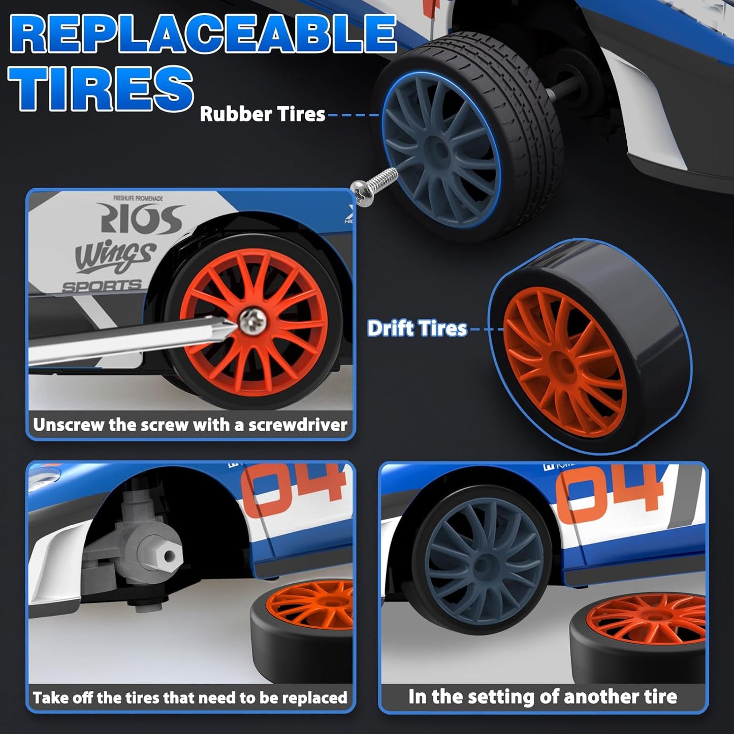 RC Drift Car 2.4GHz 1:24 Scale 4WD Remote Control Car 15KM/H High Speed Drifting RC Cars with Cool Lights, Two Batteries and Extra Tires Toys for Kids Boys Girls Adults, Blue