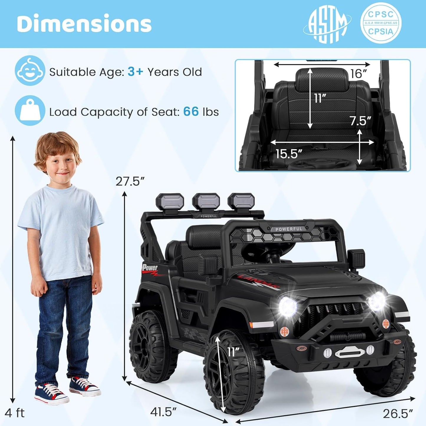 Costzon Kids Ride on Truck, 12V Electric Ride on Car with Remote Control, 3 Speed & Spring Suspension, Wireless Connection, USB, Music, Light, Kids Ride on Toys for Boys Girls (Black)