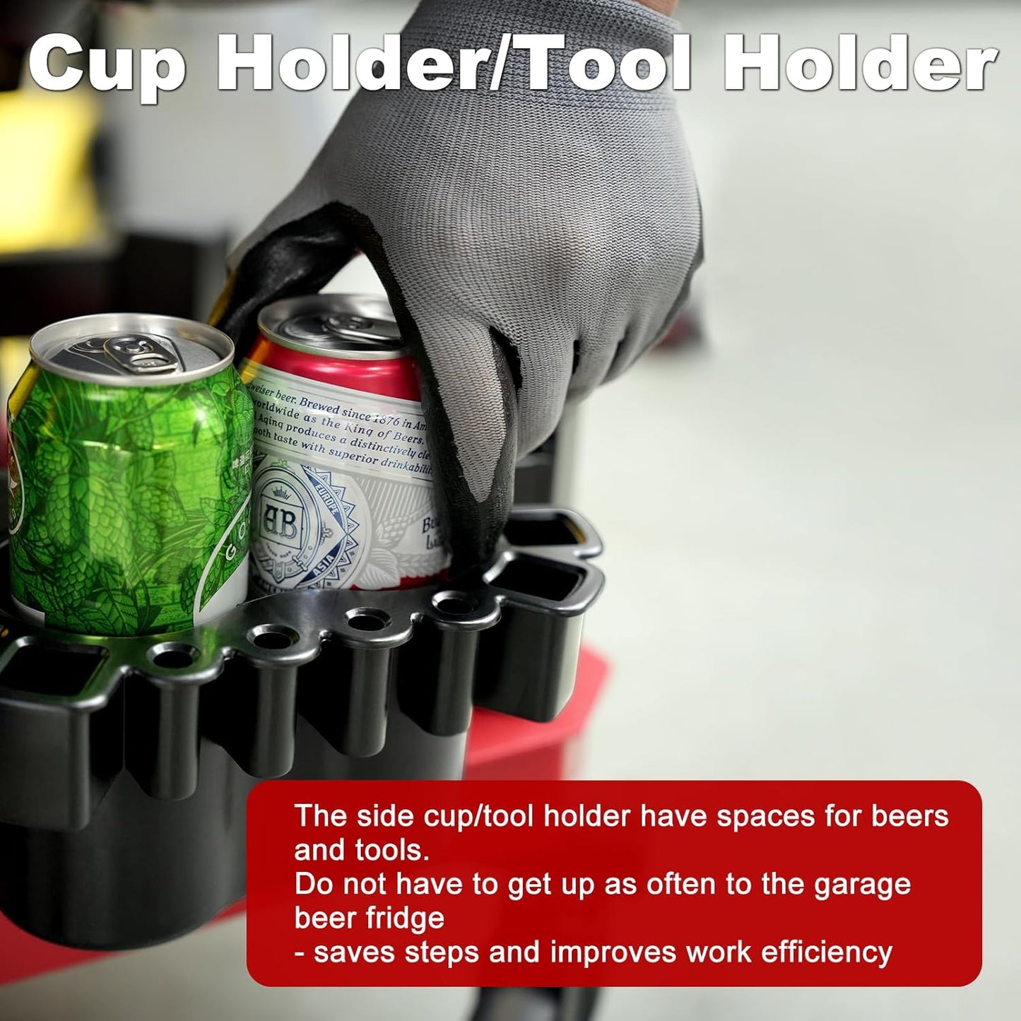 Rolling Shop Stool with Wheels, Adjustable Garage Mechanic Stool Seat Shop Roller Work Chair Mobile Rolling Seat with Tool Tray, 2 Cup Holders, 4" Casters, 350 LBS, Heavy-Duty, Red