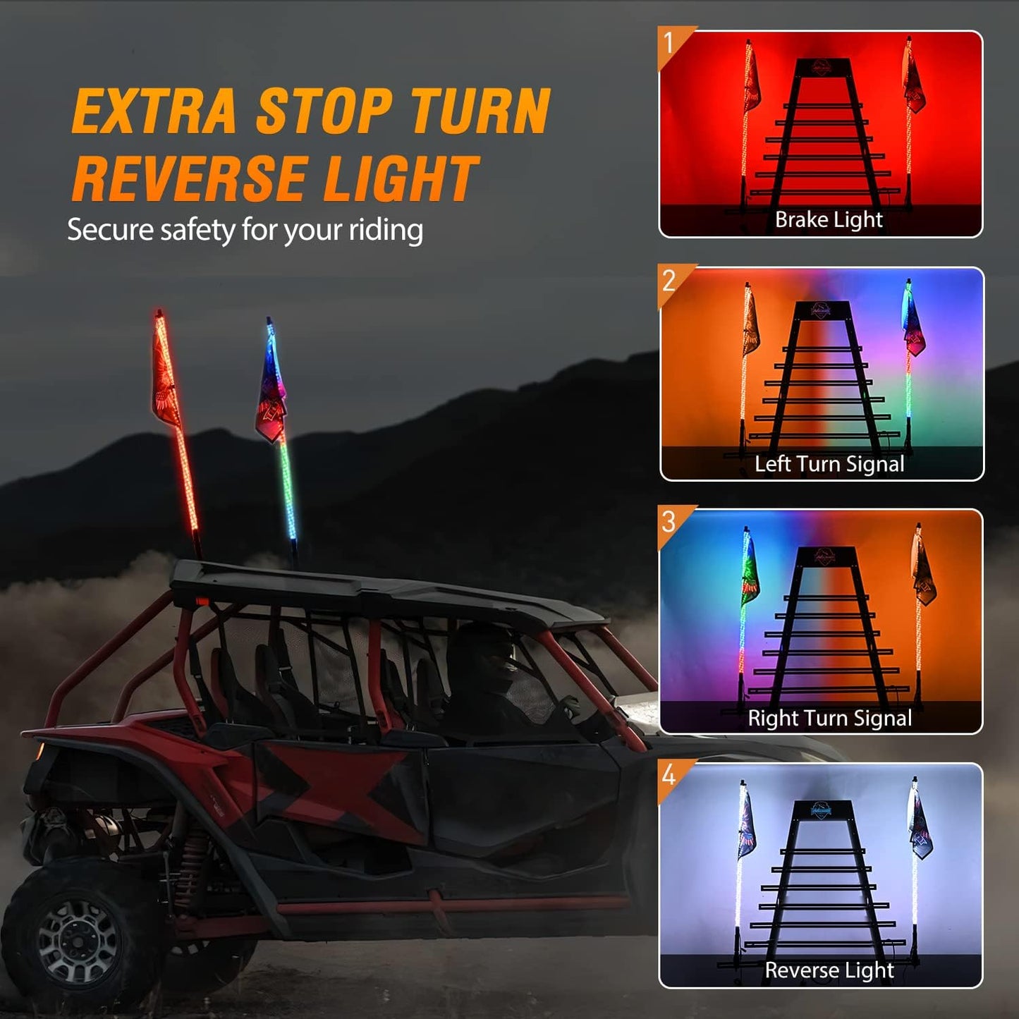 Nilight 2PCS 4FT RGB LED Whip Lights, Remote App Control w/DIY Chasing Patterns Stop Turn Reverse Modes Safety Lighted Antenna for ATV UTV Polaris RZR Can-am Dune Buggy Jeep