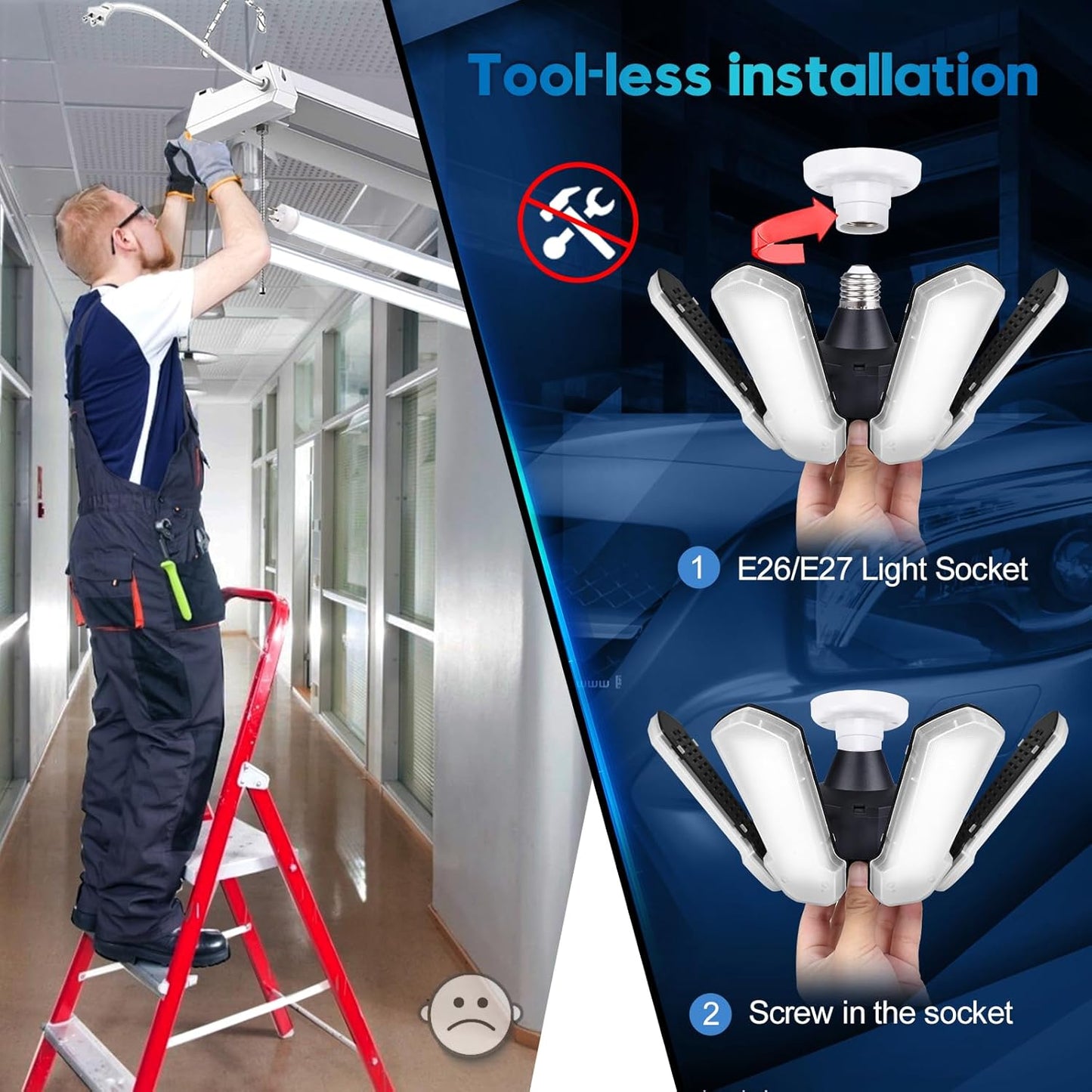 TANBABY Upgrade LED Garage Light, 150W Deformable Ceiling LED Shop Light, 15000LM E26/E27 Garage Lighting with 6+1 Adjustable Panels Bulb for Basement (1pack)