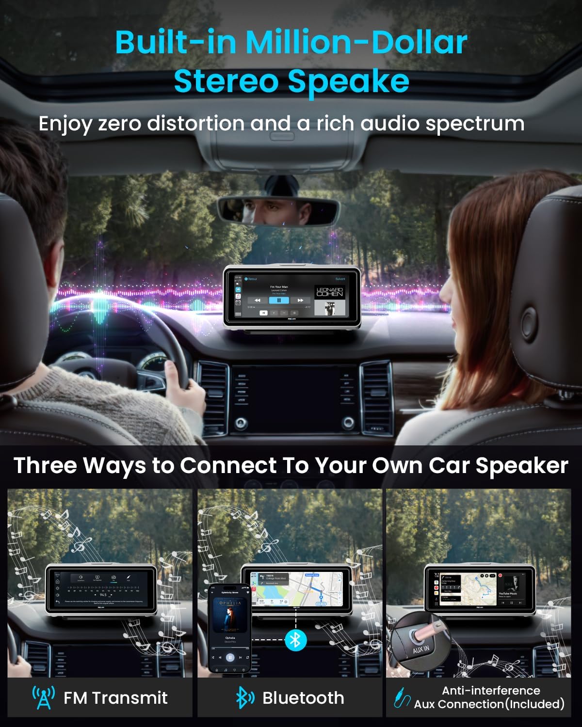 Portable Apple Carplay Screen for Car, Touch Screen with Wireless Android Auto, Car Audio Receivers with Voice Control, Mirror Link, Music Play, GPS Navigation, Built-in Customized Speakers (White)