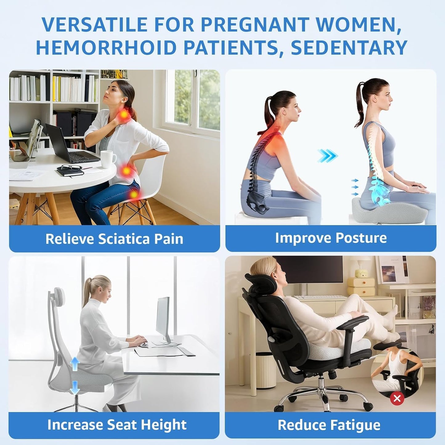 Extra Large Office Chair Cushion, 19" x 17" Ergonomic Memory Foam Seat Cushion for Tailbone, Back, Sciatica & Hip Pain Relief, Booster Pad for Sitting & Driving, Removable Washable Cover, Grey