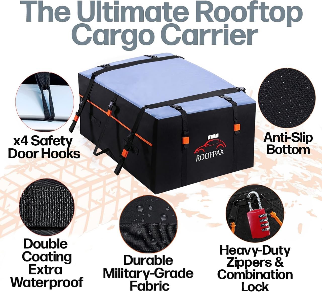 RoofPax Waterproof 19 Cubic Feet Rooftop Cargo Carrier Bag – Heavy Duty Car Roof Storage with Double Zipper & Tie Down Straps – Fits Cars with or Without Roof Rack