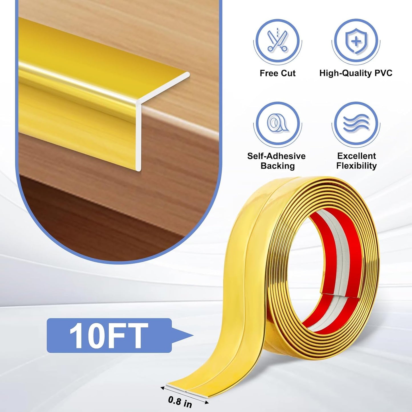 Wall Corner Protector Moulding Trim Peel and Stick Wall Corner Guards Trim Flexible Self Adhesive Edge Protector Moulding, 0.8 in x 10 Ft, Gold