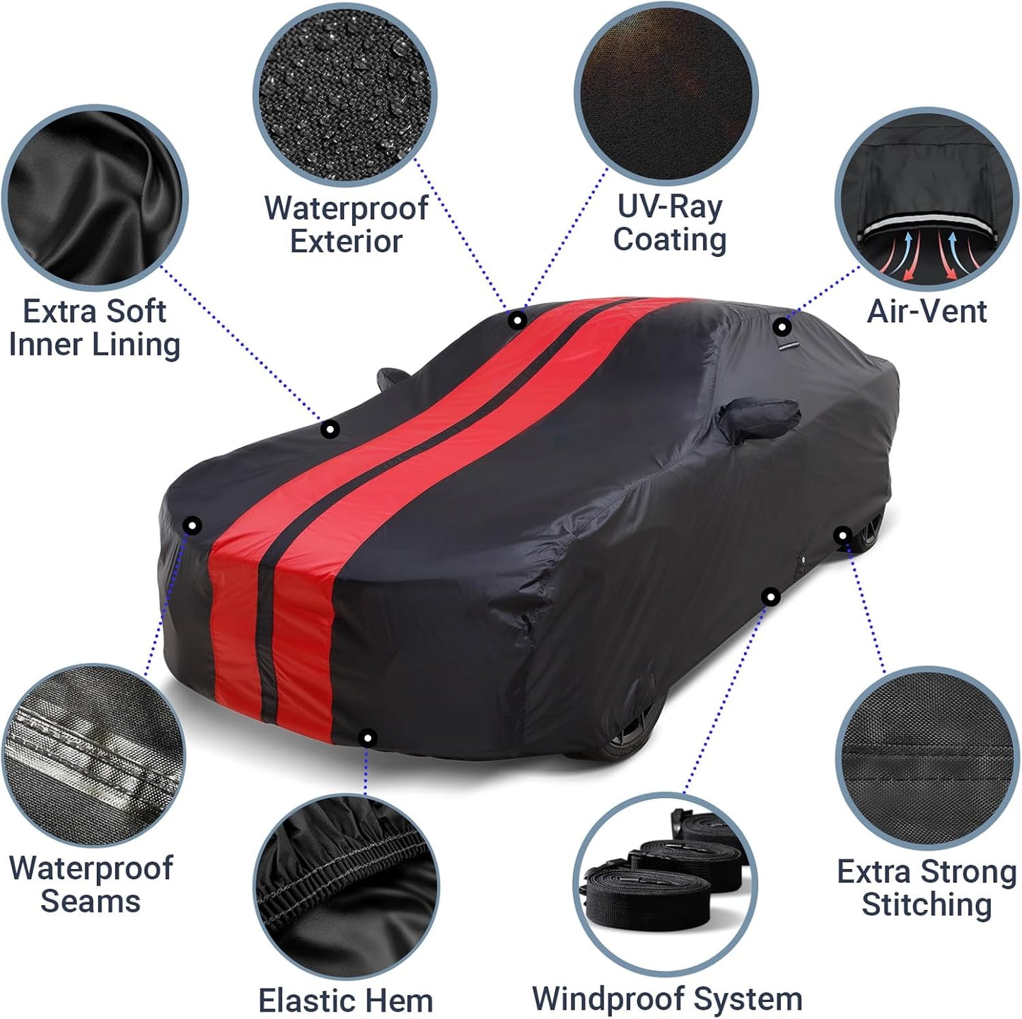 iCarCover Custom Car Cover for Chevy Lumina Sedan (1990-2001) Waterproof All Weather Rain Snow UV Sun Protector Full Exterior Indoor Outdoor Car Cover (Stripe - Black/Red)