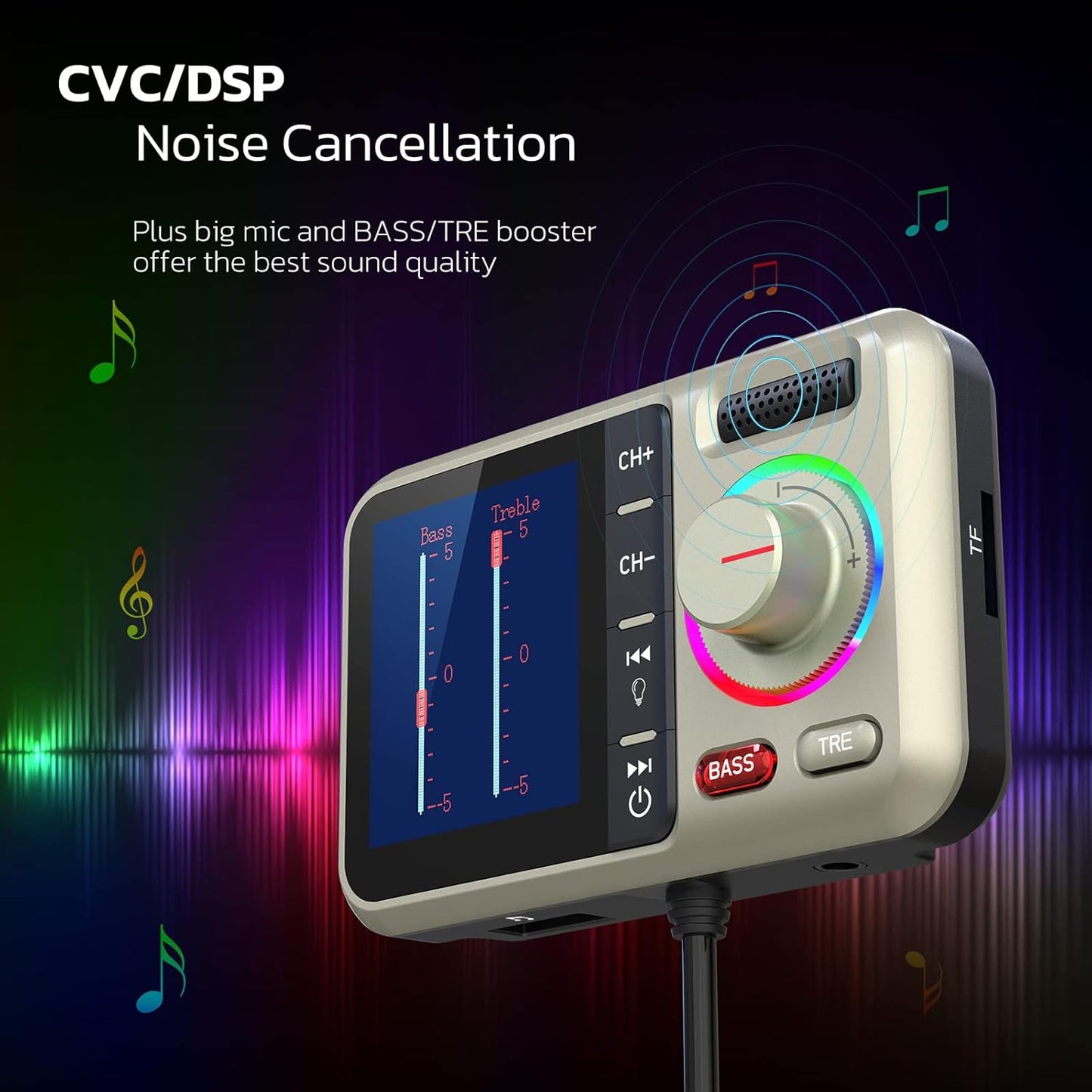 Nulaxy Bluetooth FM Transmitter for Car, Wireless Car Bluetooth Adapter with Big Color Screen, Support QC3.0 Fast Charging, Hands-Free Call, MP3 Music Player BASS&TRE Booster, TF Card AUX-KM28 Yellow