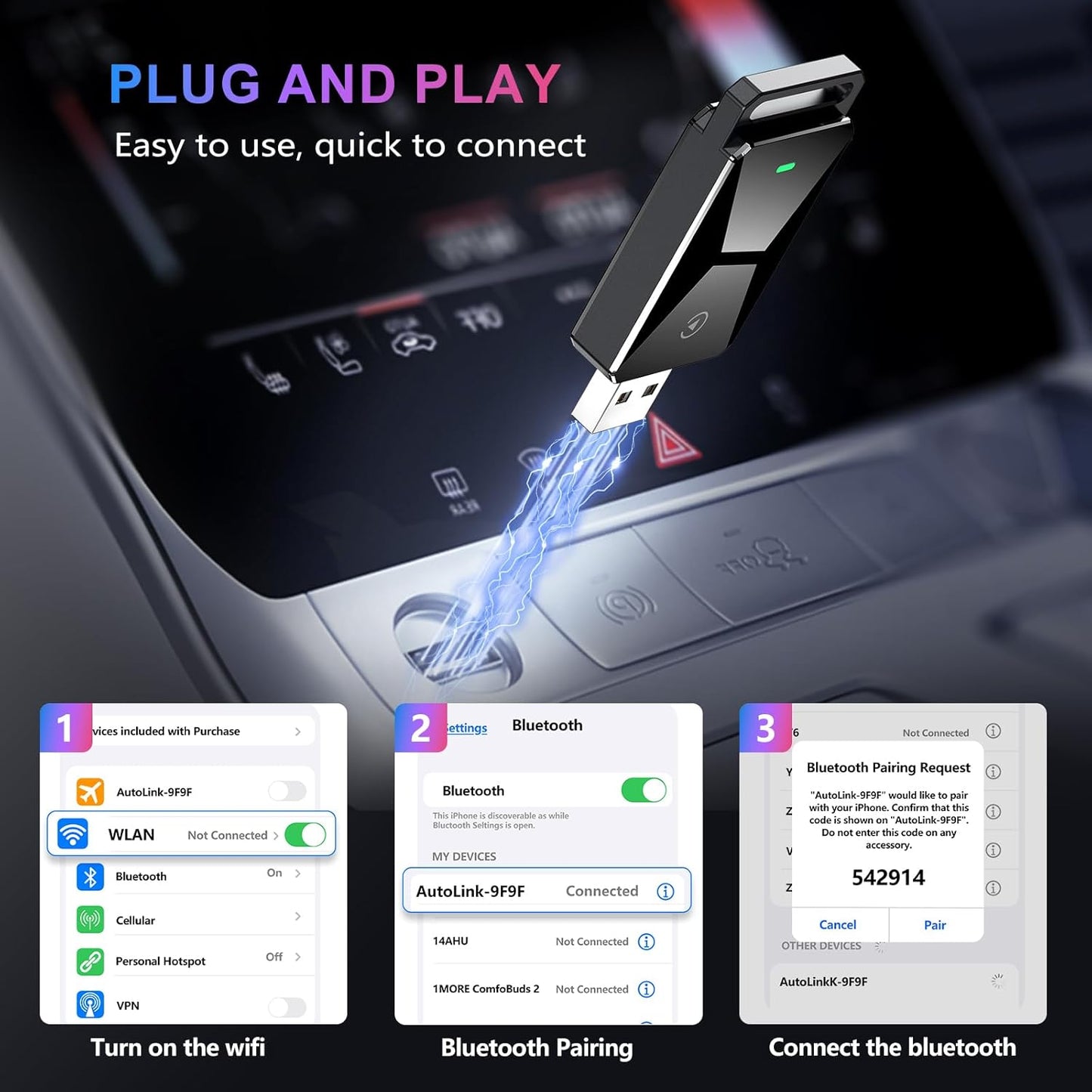 Wireless CarPlay Adapter for Apple CarPlay，Convert Wired to Wireless iPhone CarPlay Adapter，Plug and Play, No Latency, Mini Wireless CarPlay Dongle for Cars from 2016 and iOS 10+ （Black）