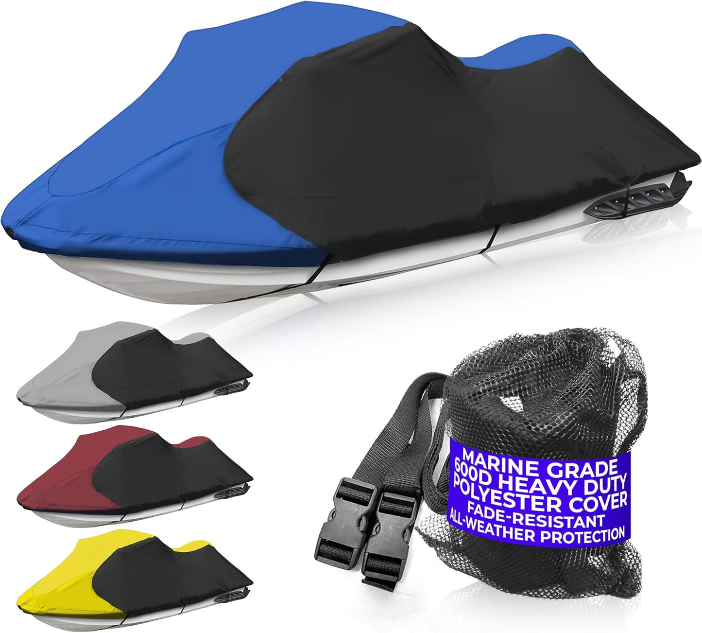 Trailerable Standup Jet Ski Cover, Waterproof Marine Grade 600D Heavy Duty Polyester PWC Cover Blue and Black Color