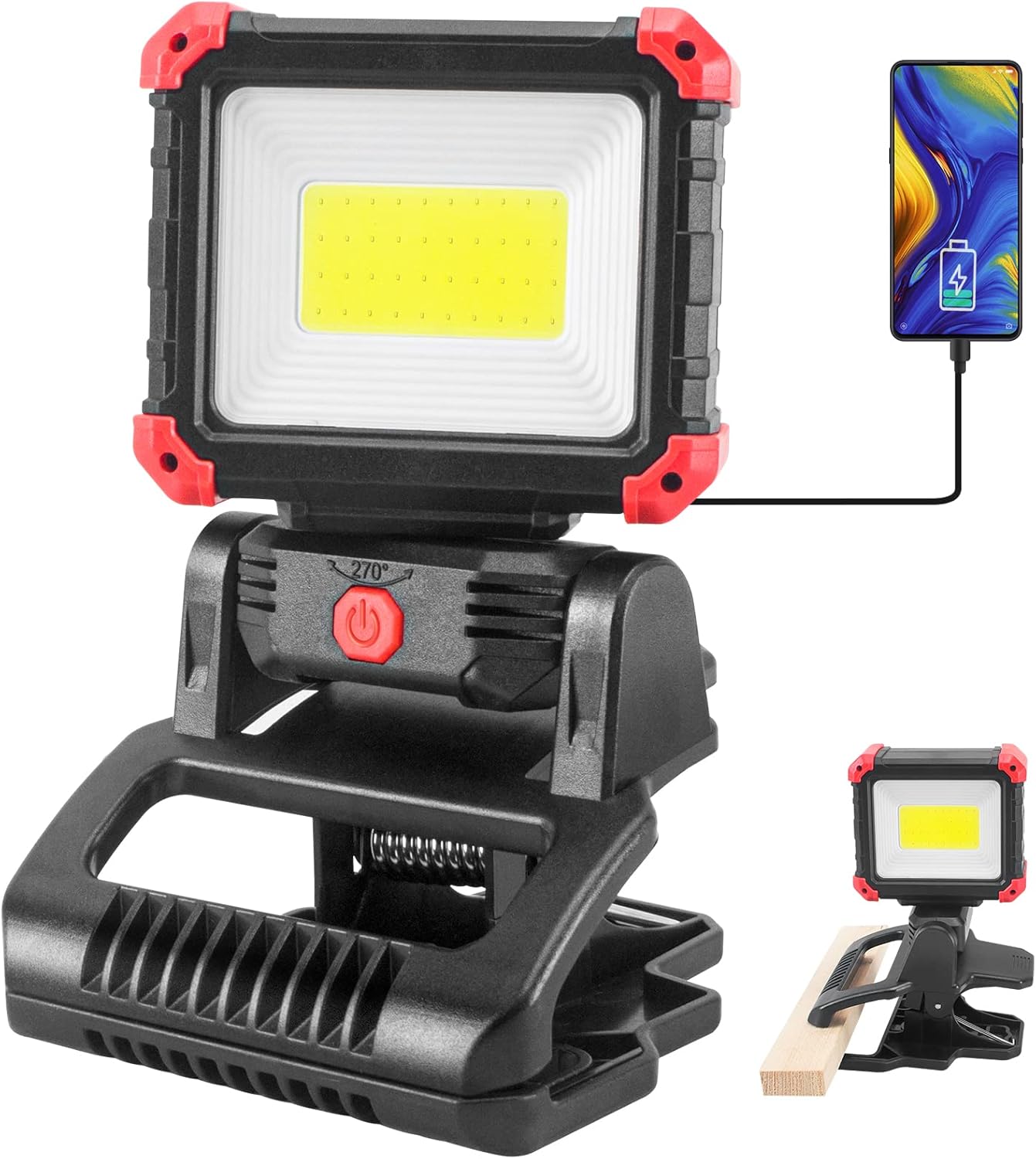 LED Rechargeable Work Light with Clamp, 2100LM Super Bright COB Magnetic Work Light with 3 Light Modes, 270° & 180° Rotation, Waterproof, Perfect for BBQ, Jobsite, Workshop, Car Repairing