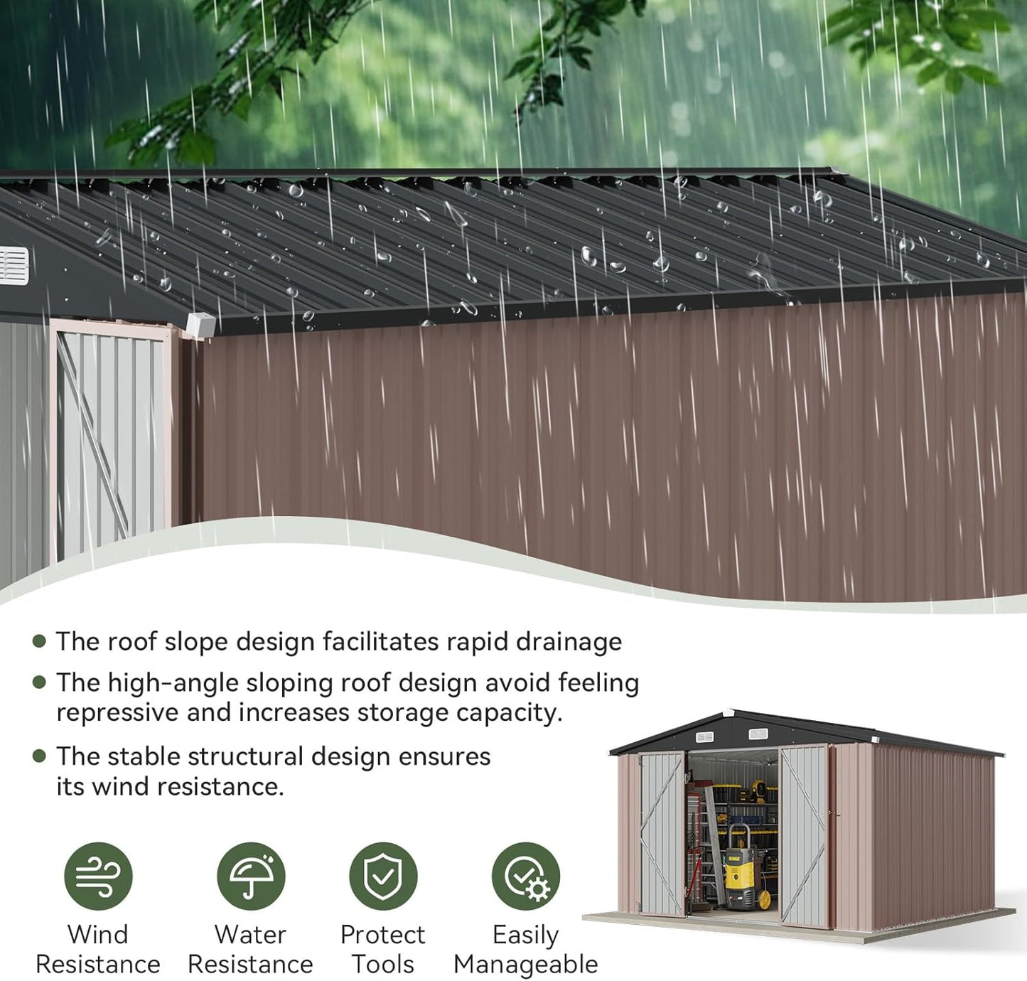 Aoxun 10x8.5 FT Outdoor Storage Shed Garden Metal Shed with Lockable Door Outdoor Large Shed for Tool, Garbage Can, Bike, Mower, Brown