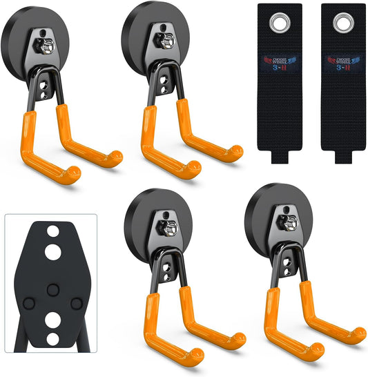 3-H Heavy Duty Magnet Garage Hooks 4 Pack, Large Strong Magnetic Hooks for Hanging Cordless Power Drill, Utility Magnetic Tool Holder for Metal Cabinet, Steel Pegboard, Toolbox, Garage(Orange)