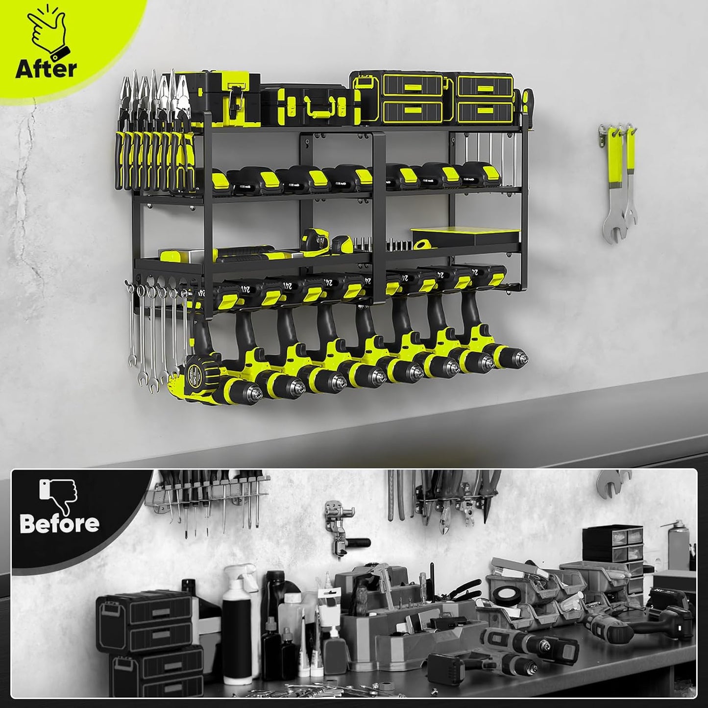 33" W Large Power Tool Organizer Wall Mount Loads 400 lbs, Heavy Duty 8 Drills Holder, 4-Tier Cordless Tool Battery Storage Shelf, Utility Racks for Garage Workshop Shed, Gifts for Men Husband