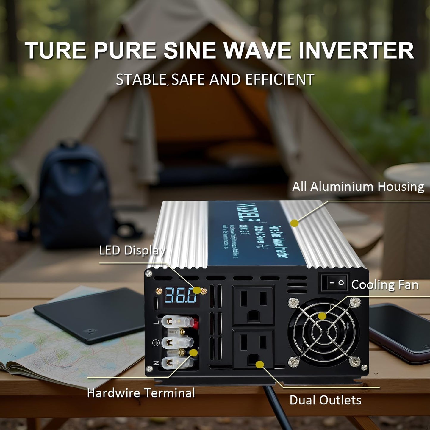 WZRELB 3500W Pure Sine Wave Inverter, Car Power Inverter 36V DC to 110V 120V AC Converter for RV, Truck, Solar, Outdoor with Dual AC Outlets, Hardwire Port, Surge 7000W, LED Display,Off-Grid