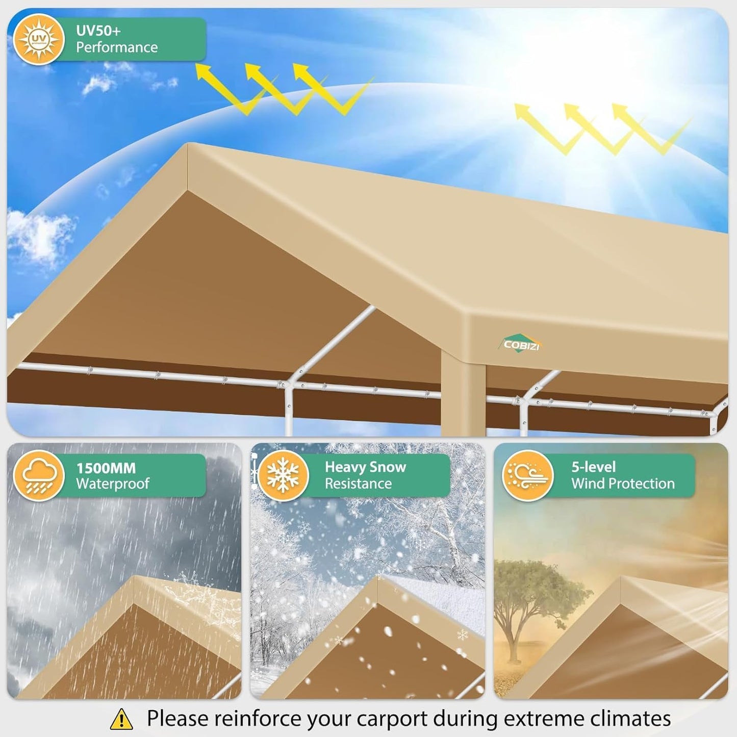 COBIZI 12x20ft Carport Heavy Duty, Portable Car Garage Outdoor Party Tent with Built-in Sandbags, Waterproof Car Canopy for Truck, Boat, SUV with All-Season Tarp, Khaki