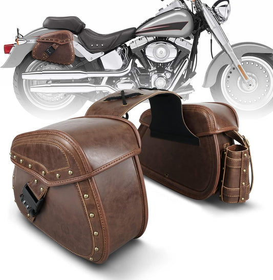 NICECNC Motorcycle Saddle Bags, PU leather Motorcycle Saddlebags, Reinforced Straps & Saddle Piece, with Cup Holder & Lock, Throw Over Saddle Bags Side Bags Universal Motorcycle Accessories, BROWN