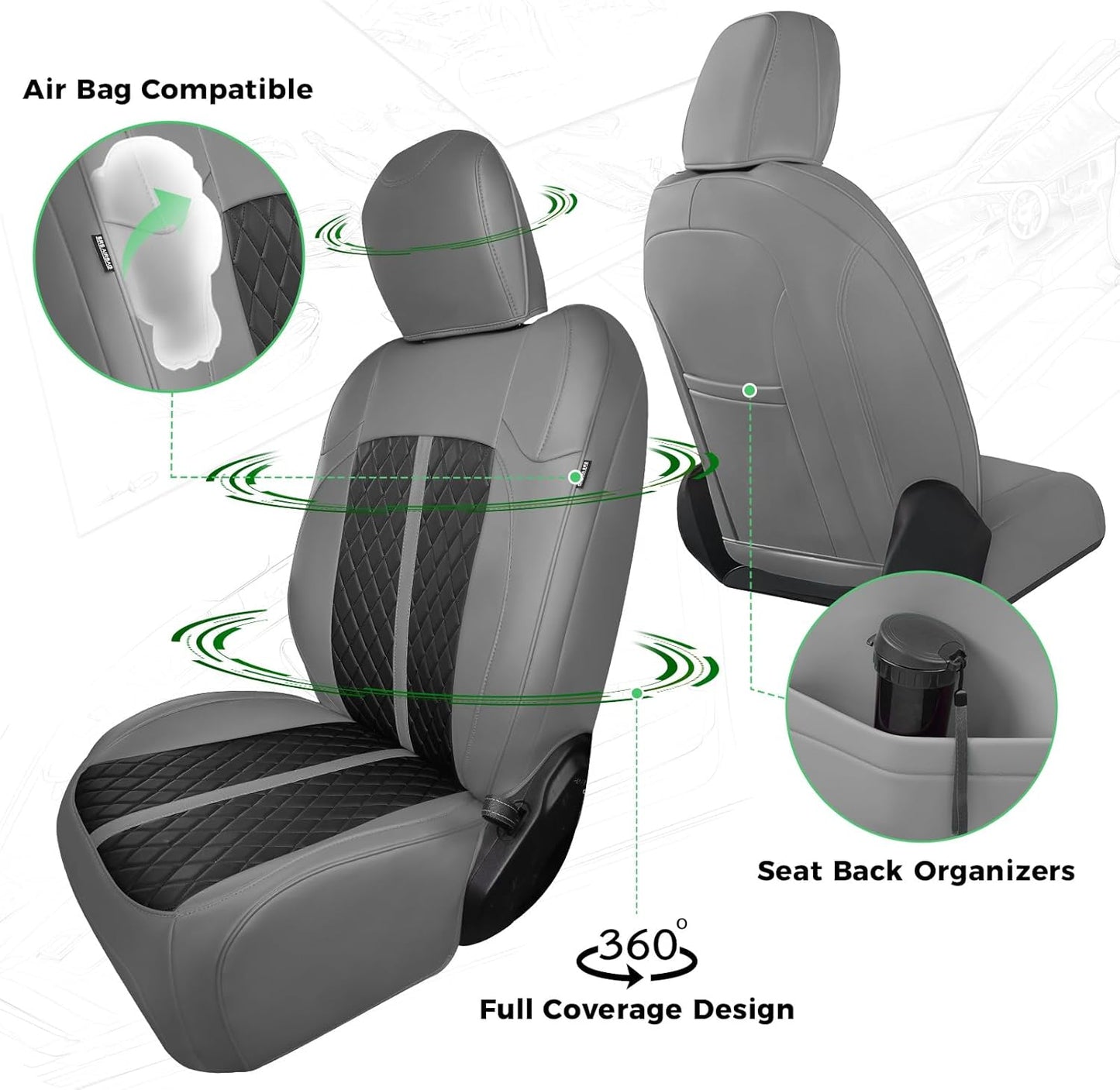 for Jeep Wrangler Seat Covers 4Door JL 2018 2019 2020 2021 2022 2023 2024 2025, Custom Fit Car Seat Cover Full Set, Luxury Waterproof Leather Seat Protectors, Gray Black, W/O Rear Cup Holder