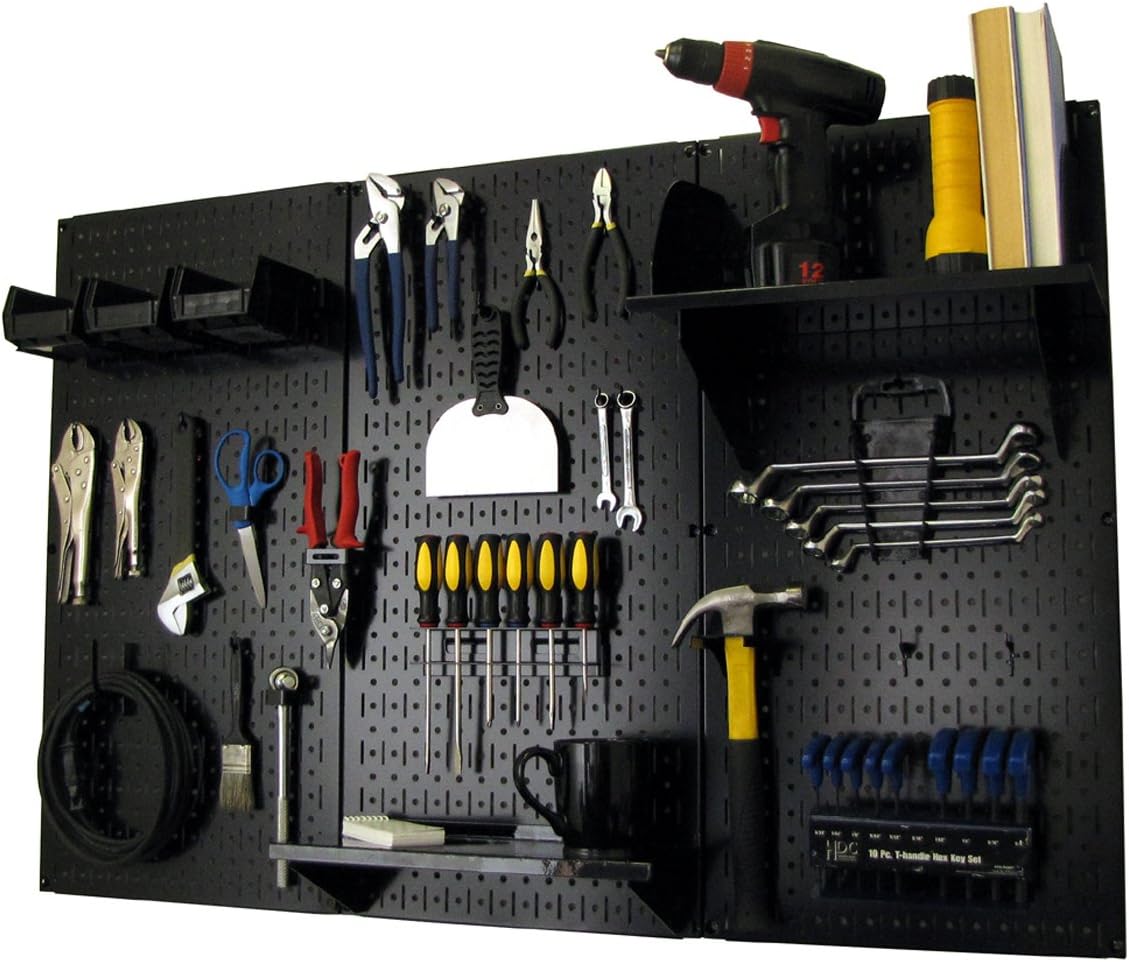 Wall Control Metal Pegboard Organizer - 4' Standard Tool Storage Kit, Black - Includes Pegboard Paper Towel Holder & Dowel Rod Shelf Assembly
