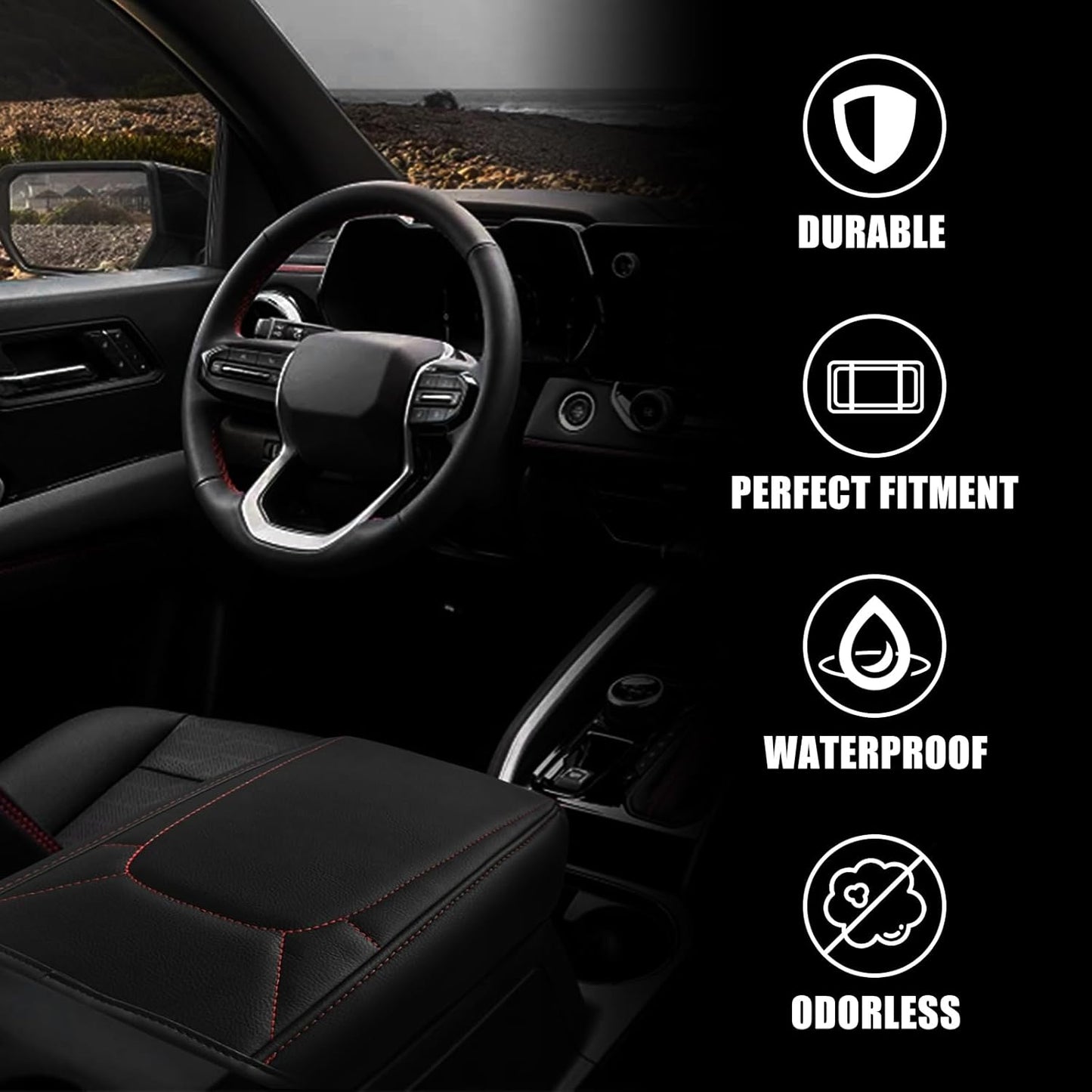 Muslogy Center Console Armrest Cover Compatible with Chevy Colorado/GMC Canyon 2023 2024 2025 ZR2 Z71 Trail Boss LT WT Elevation AT4 Denali AT4X Accessories Regular Thick(Red Stitching)