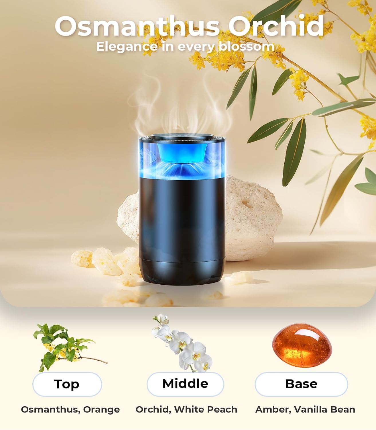 Smart Car Air Fresheners, Ambient Light & Mist, Auto On/Off, Adjustable Intensity Car Air Freshener Diffuser, Fragrance Lasts 6 Months, Built-in Battery, Scent Refill X2 - Osmanthus Orchid