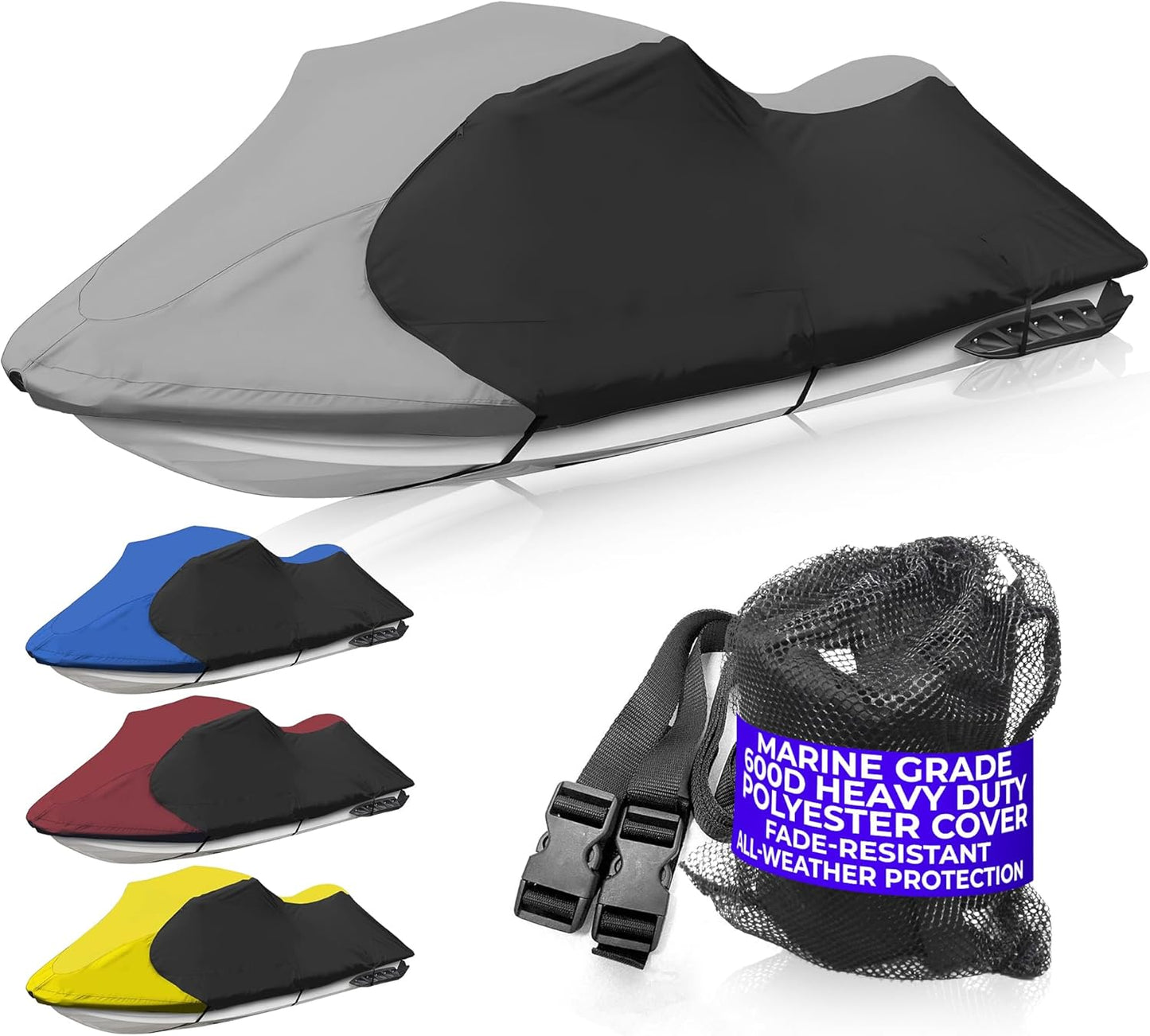 Trailerable Jet Ski Cover, Waterproof Marine Grade 600D Heavy Duty Polyester PWC Cover Gray/Black Color Fits from 136" to 145" 3 Seater