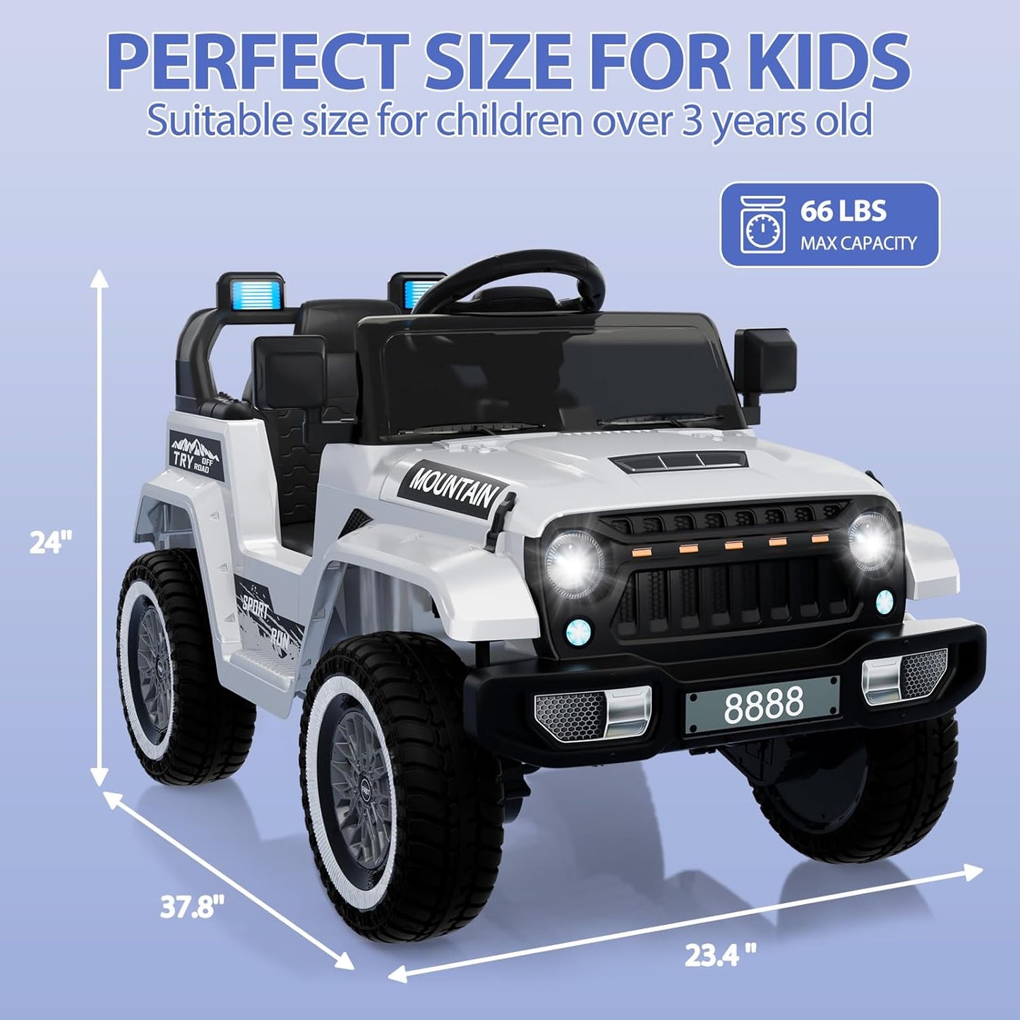 12V Kids Ride On Truck Car, Battery Powered Electric Vehicles with Remote Control, Spring Suspensions, 3 Speeds, LED Lights, Music, MP3, Ride On Toy Car for Children Toddles Boys Girls, White