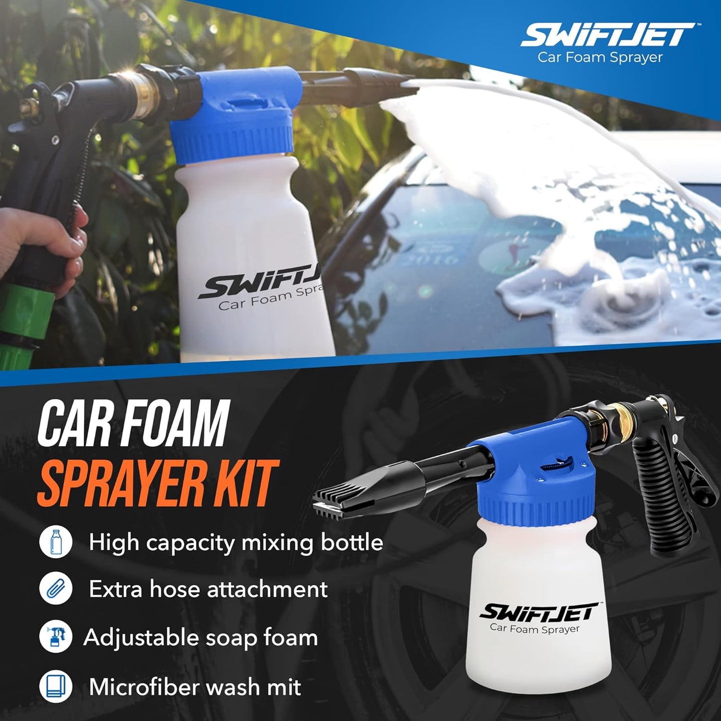 SwiftJet Car Wash Foam Gun + Microfiber Wash Mitt - Car Foam Sprayer - Car Wash Kit - Foam Cannon Garden Hose Sprayer - Car Accessories for Men - Snow Foam Blaster (Blue Foam Gun with Mitt)