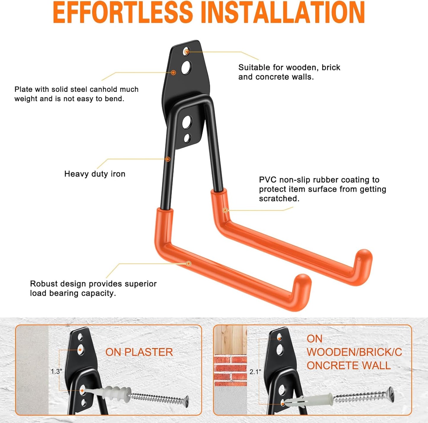 Heavy Duty Garage Hooks 4 Pack, 5.1 inch Medium U Shaped Hanger, Wall Mounted Storage System, Power and Garden Tool Organizer, for Hanging Ladders, Hose, Bulk Items and More