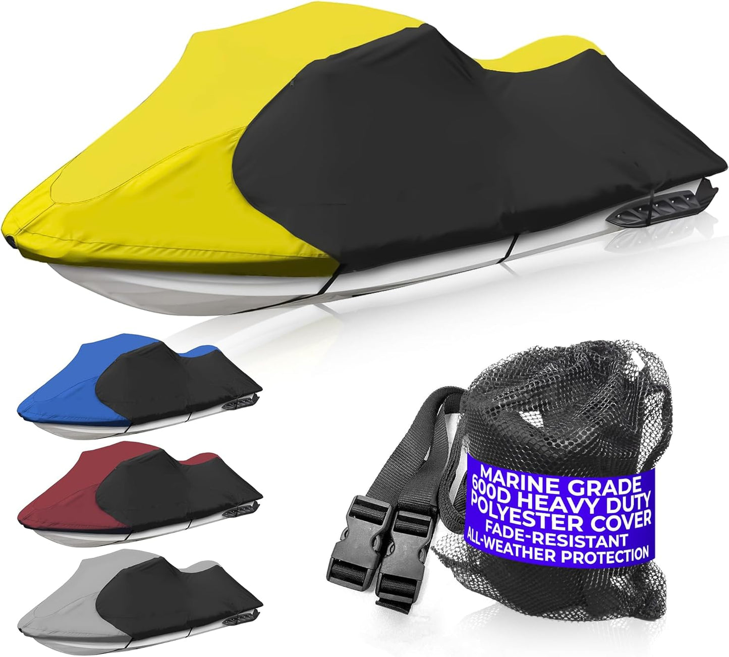 Trailerable Jet Ski Cover, Waterproof Marine Grade 600D Heavy Duty Polyester PWC Cover Yellow/Black Fits from 116"-125" 2 Seater
