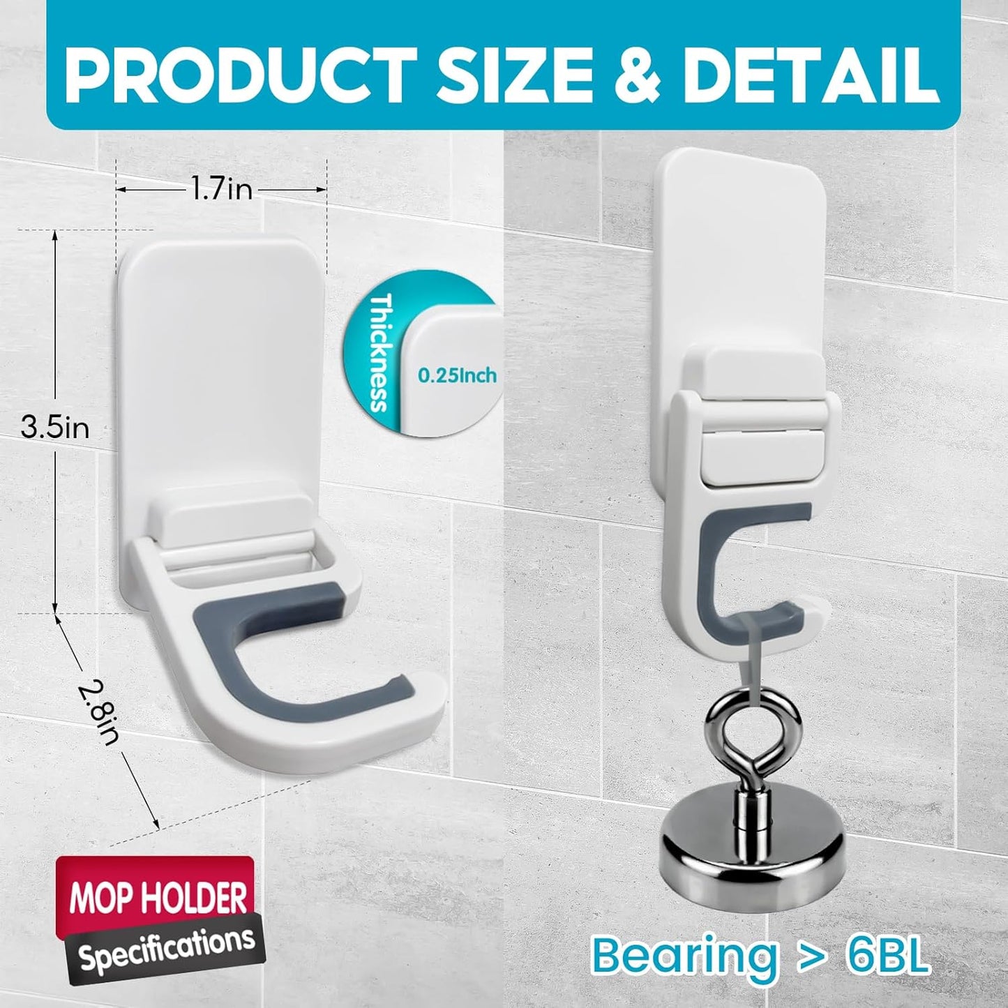 Broom Holder Wall Mount, 6 Pack Broom and Mop Organizer Wall Hanging Self Adhesive, No Drilling, Anti-Slip Broom and Mop Hanger Wall Mount Cleaning Ideal for Bathroom, Kitchen, Garden, Garage