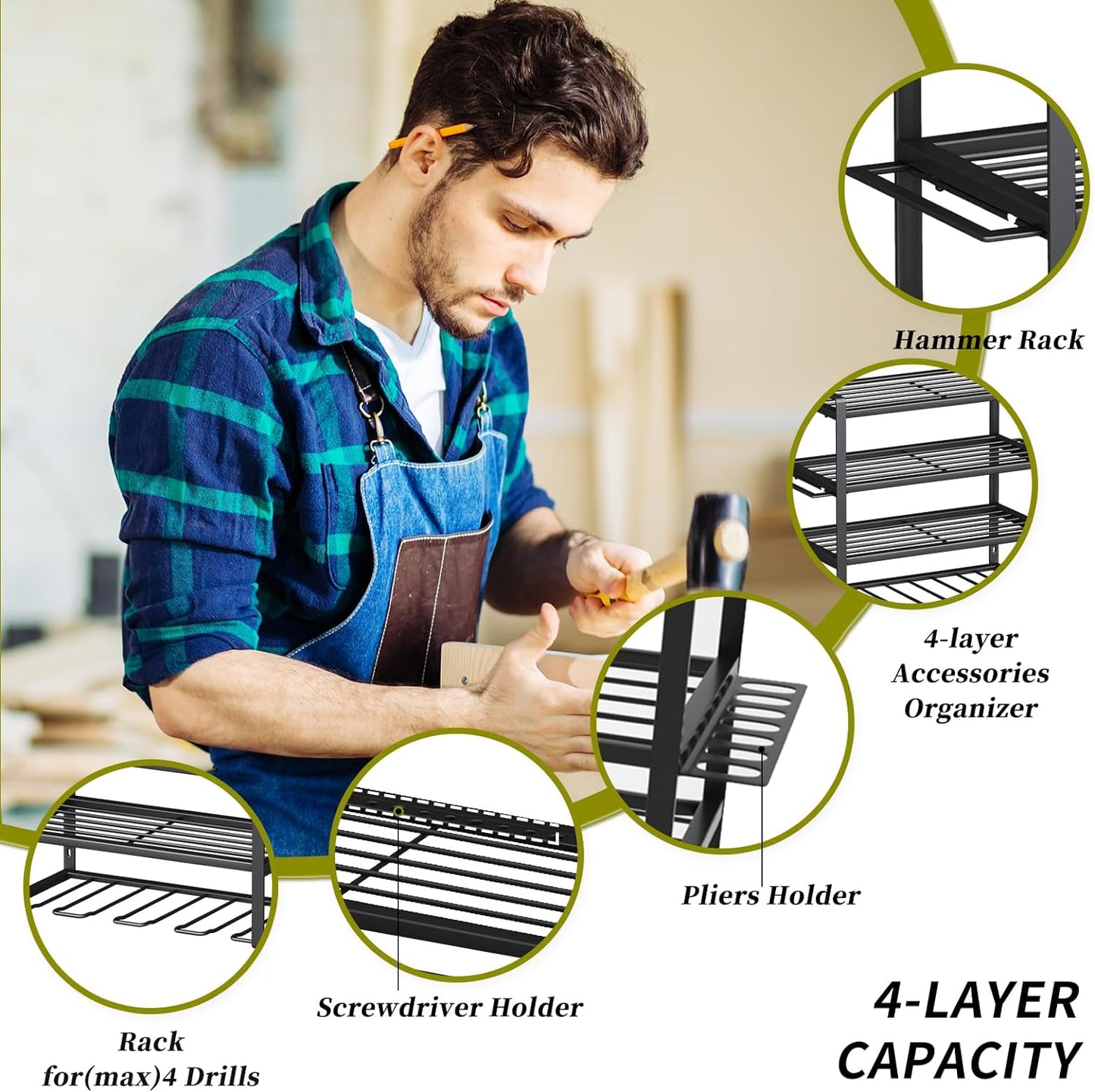 KAFAHOM Power Tool Organizer,4 Layer Drill Holders Wall Mount,Heavy Duty Metal Organizers and Storage Rack for Garage Organization,Tools Shelves with Screwdriver Plier/Hammer Holder, Black