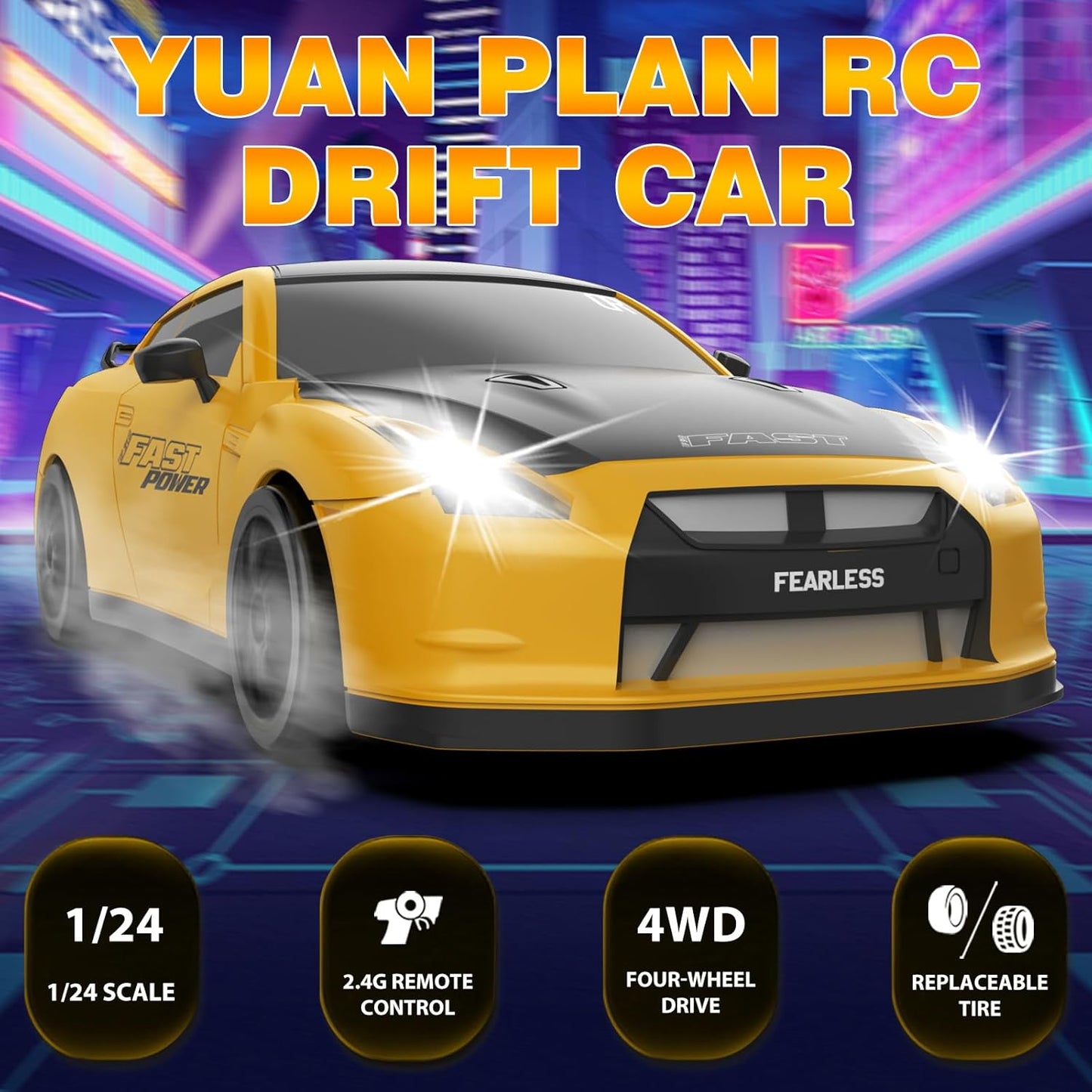 RC Drift Car 1/24 2.4GHz 4WD Remote Control Car, High Speed Drifting RC Cars with LED Lights, Rechargeable Batteries and Drift Tires Racing Toy Cars for Kids (Yellow)