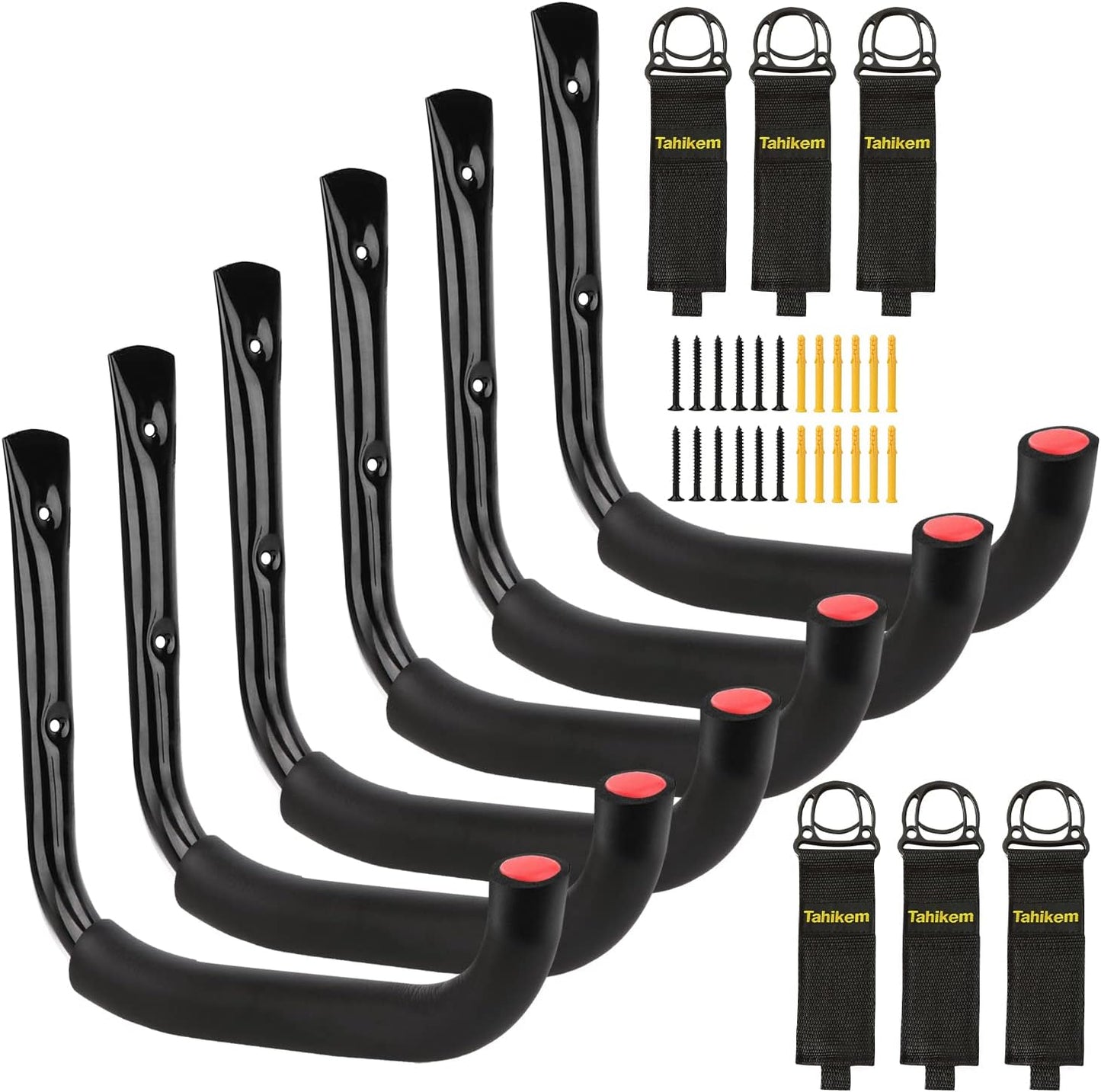 6 Set Garage Hooks - Wall Mounted, Heavy Duty, 7 Inch Large, Extension Cord Hanger, J Hooks for Ladder, Mowers, Cable Bracket - Black