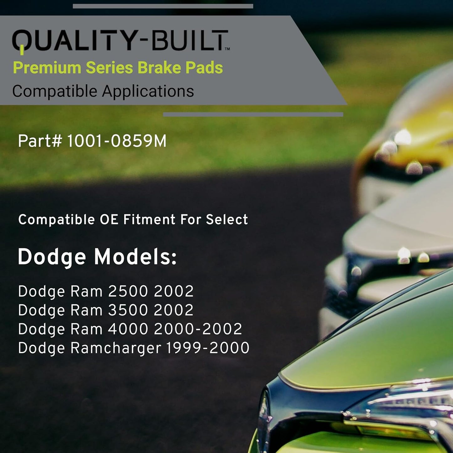 Premium Semi-Metallic Front Brake Pads (1001-0859M) Compatible with Dodge Ram 2500 2002-2002, Dodge Ram 3500 2002-2002, Dodge Ram 4000 2000-2002, Dodge Ramcharger 1999-2000
