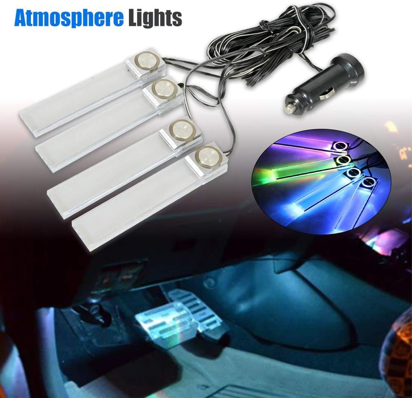 Interior Car Footwell Lights, LED Car Strip Lights, 4 in 1 12V Car Auto Interior LED Atmosphere Lights Floor Decoration Lamp, RGB Light