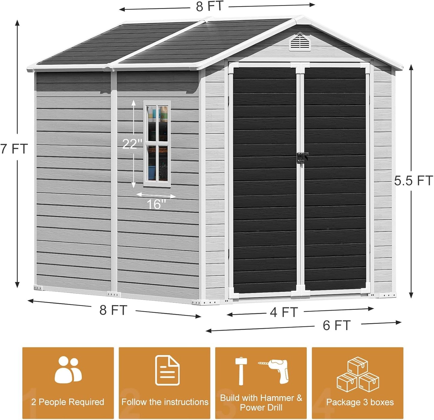 Restland 8x6 FT Resin Storage Shed with Floor, Waterproof Outdoor Plastic Sheds with Window for Backyard Garden Patio Lawn Tools, Gray