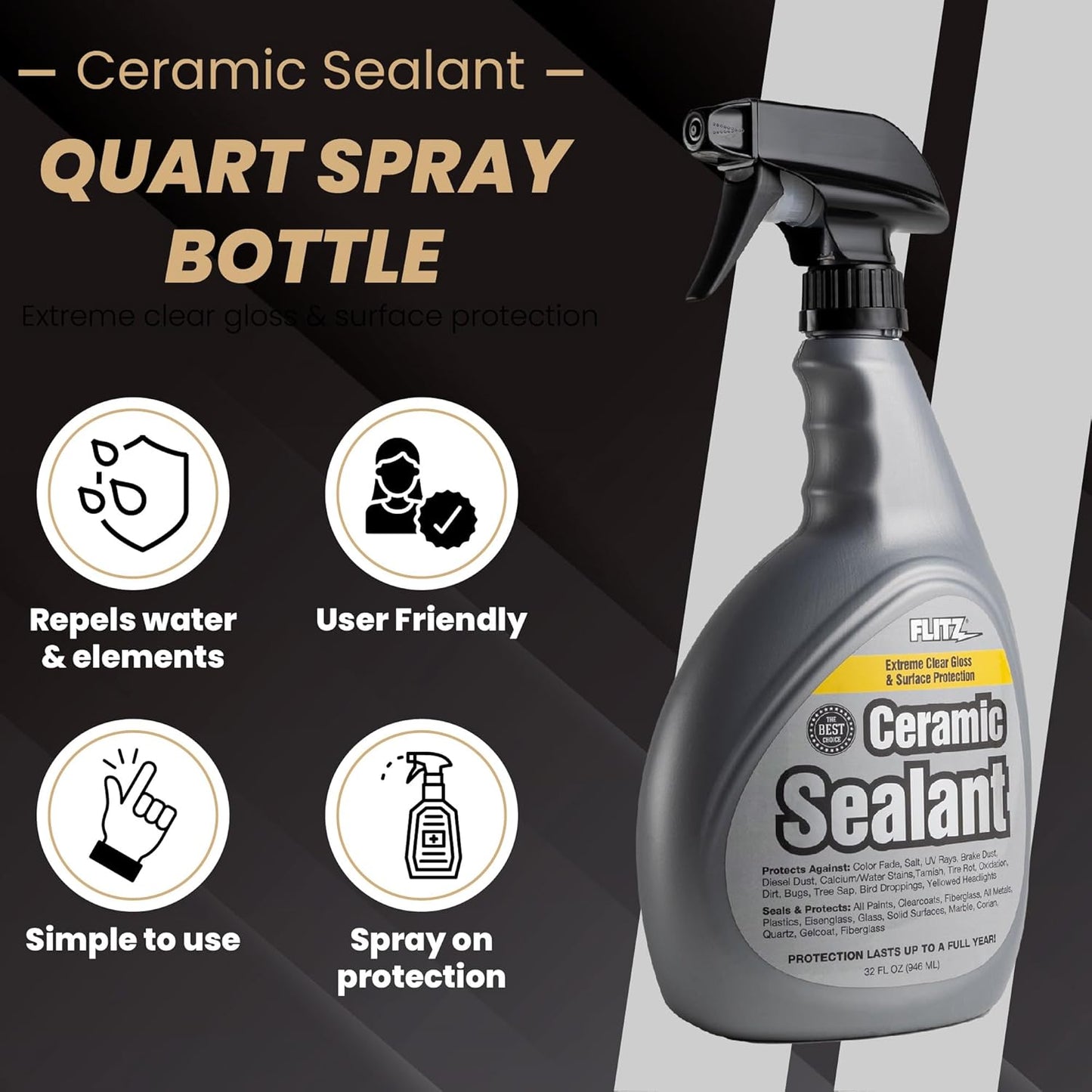 Flitz Ceramic Sealant - 32oz Bottle of USA-Made Ceramic Coating for Cars, Boats, Glass - Repels Water, Polishes, and Protects for 1 Year - Protection Car Spray Made for All Metals, Fiberglass