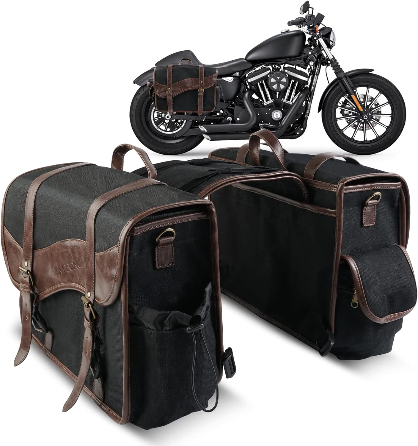 NICECNC Motorcycle Saddle Bags, Vintage Oil Waxed Canvas Saddlebags Motorcycle Panniers Side Throw Over Saddle Bags Compatible with Harley Honda Suzuki Yamaha Adventure Street Glide Brown