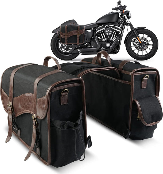 NICECNC Motorcycle Saddle Bags, Vintage Oil Waxed Canvas Saddlebags Motorcycle Panniers Side Throw Over Saddle Bags Compatible with Harley Honda Suzuki Yamaha Adventure Street Glide Brown