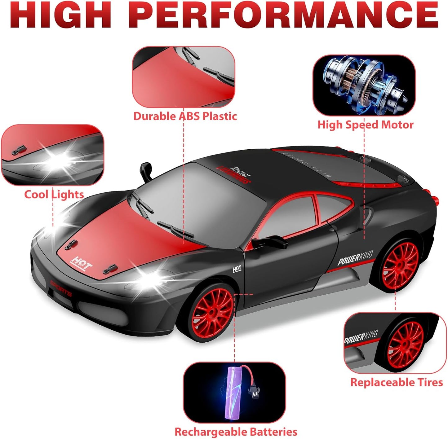 RC Drift Cars, 2.4Ghz 1:24 Remote Control Car 4WD High Speed Drifting RC Car with LED Light and Drift Tires Racing Toy Cars for Kids Boys Girls Adults(Black)