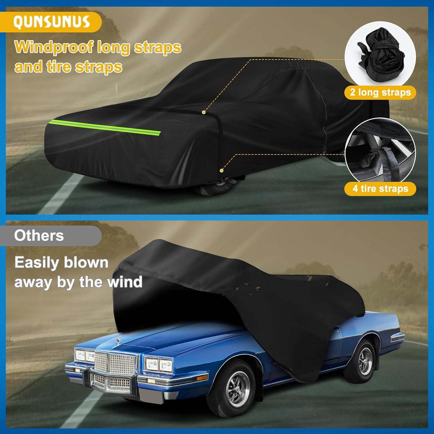 QUNSUNUS Waterproof Car Cover for Pontiac Grand Prix 1978-1996, Outdoor Car Covers with Zipper, All Weather Cover with Straps and Elastic Edges for Wind, Sun, UV and Dust Protection