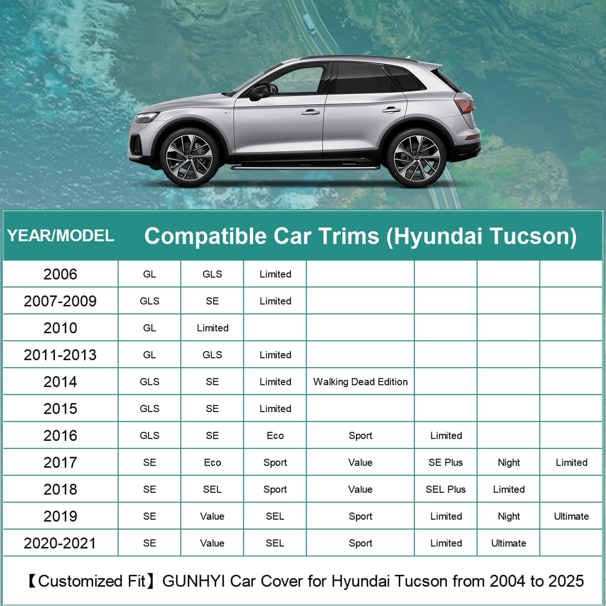 Premium Car Cover Custom Fit Hyundai Tucson (2004-2025), 16 Layers Heavy Duty Car Cover Waterproof All Weather with Zipper Door for Sun Rain Snow Dust Uv Protection