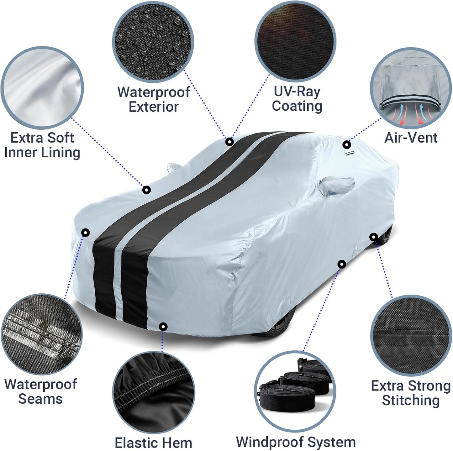 iCarCover Custom Car Cover for Buick Lacrosse (2005-2019) Waterproof All-Weather Rain Snow UV Sun Protector Full Exterior Indoor Outdoor Car Cover (Stripe - Gray/Black)