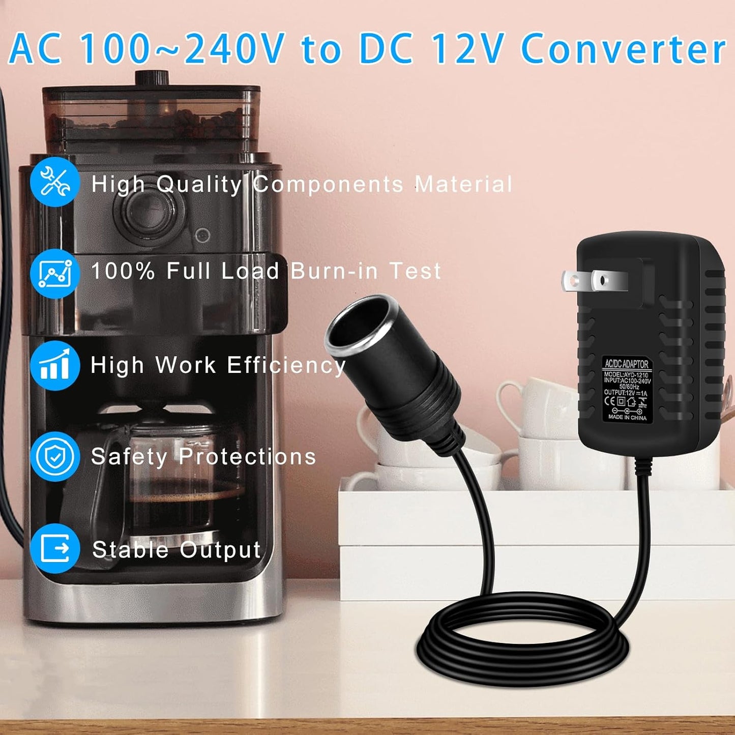 inShareplus 12V 1A 12W AC to DC Converter, 12 Volt Cigarette Lighter Adapter, AC 100~240V to DC 12V Car Lighter Adapter to Wall Outlet Adapter, 12V Power Supply for Car Devices (MP3, Fan, Dash Cam)