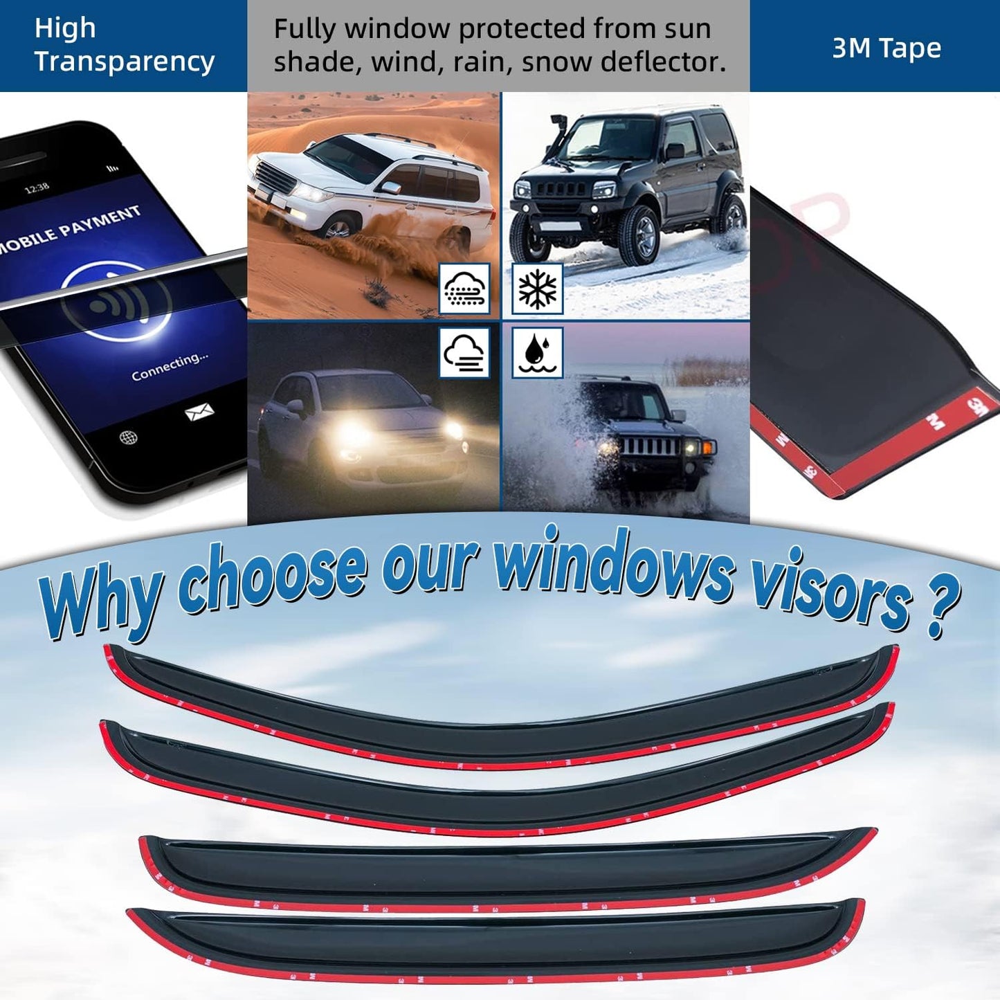 Set of 4 Front+Rear Smoke Sun/Rain Guard Outside Mount Tape-On Acrylic Window Visors Compatible with 07-14 Avalanche Suburban Yukon XL Silverado Sierra 1500 2500 3500 HD Crew Cab