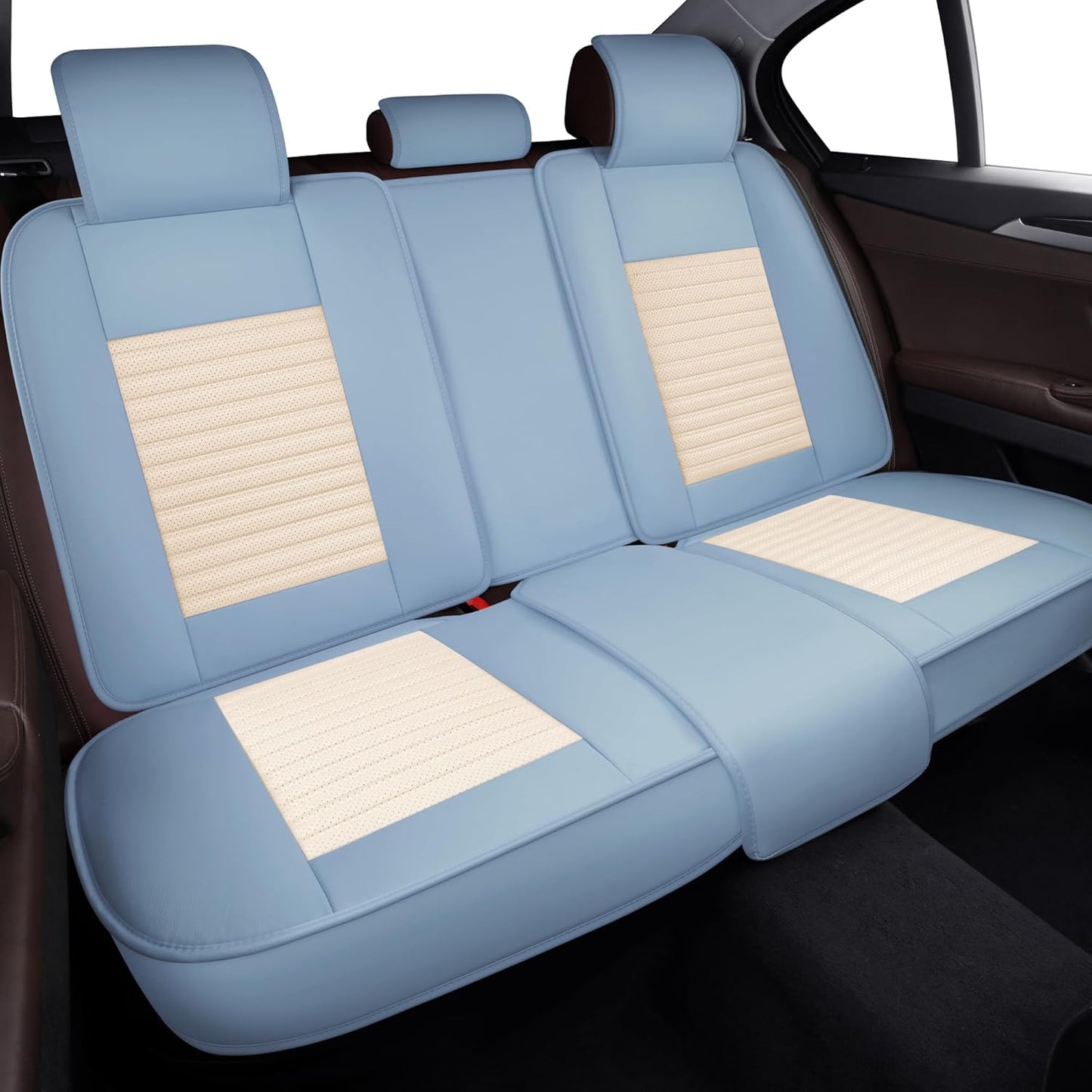 LINGVIDO Car Seat Covers, Breathable and Waterproof Faux Leather Automotive Seat Covers for Cars SUV Truck Sedan,Universal Anti-Slip Seat Cover with Backrest (Full Set, White & Light Blue)