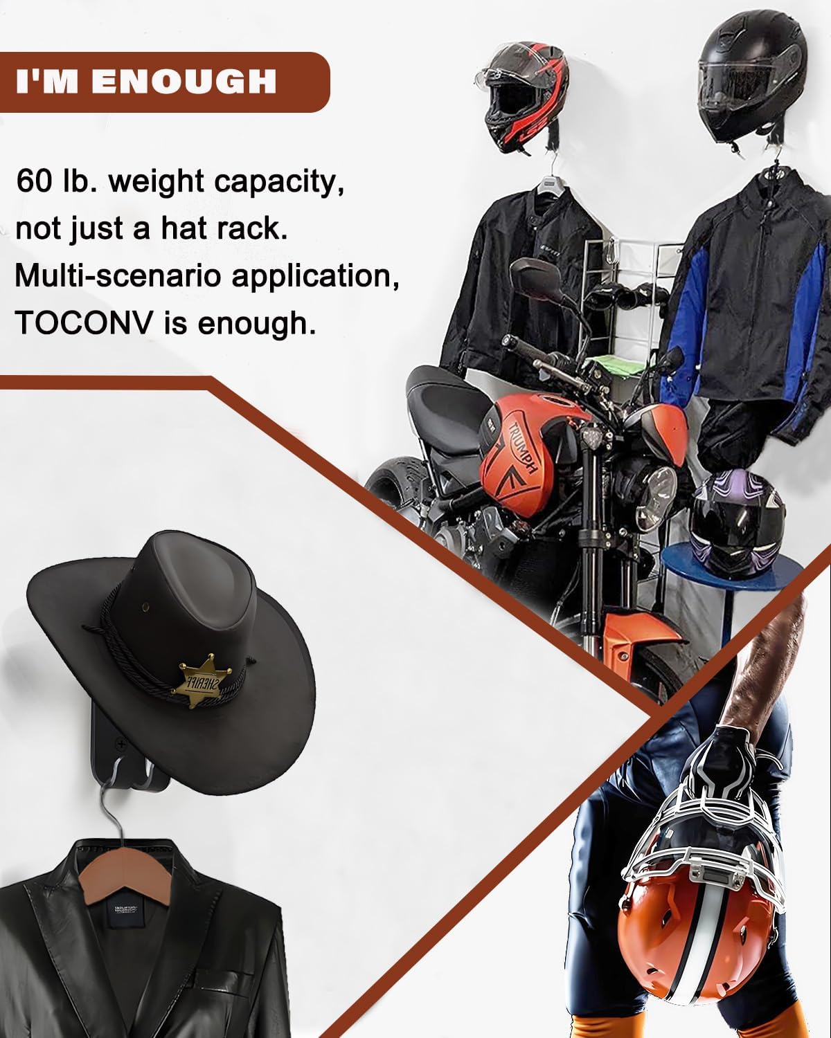 2 Pack Motorcycle Helmet Holder with Solid Wood and Strong Steel Design, Wall Mount Hanger for Motorcycle Bike Outerwear Sports Gear